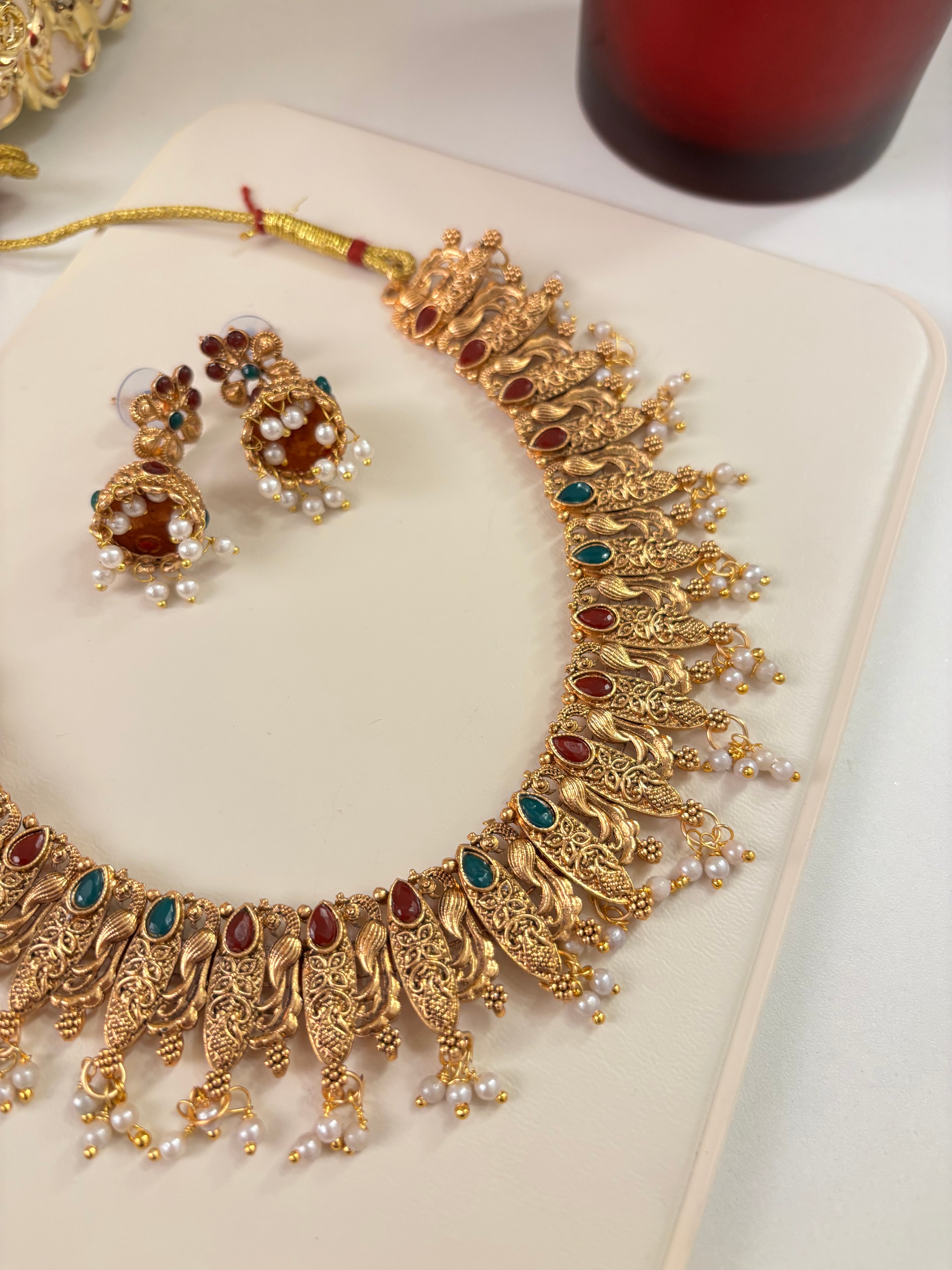 Gold Look Like Ruby & Emerald Touch Necklace With Jhumkas