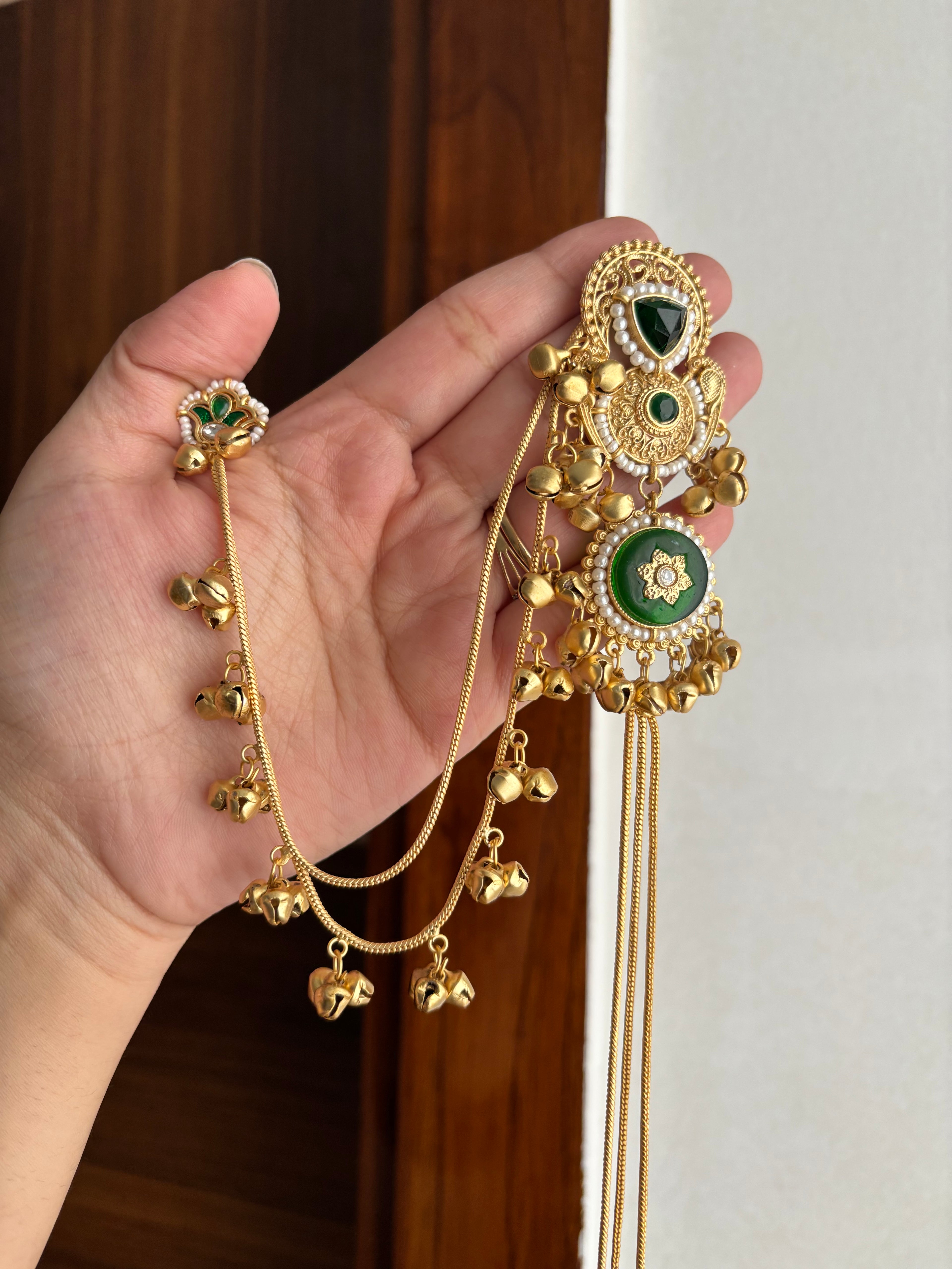 Premium Brass Statement Long Earrings With Detachable Side Layers (Emerald)