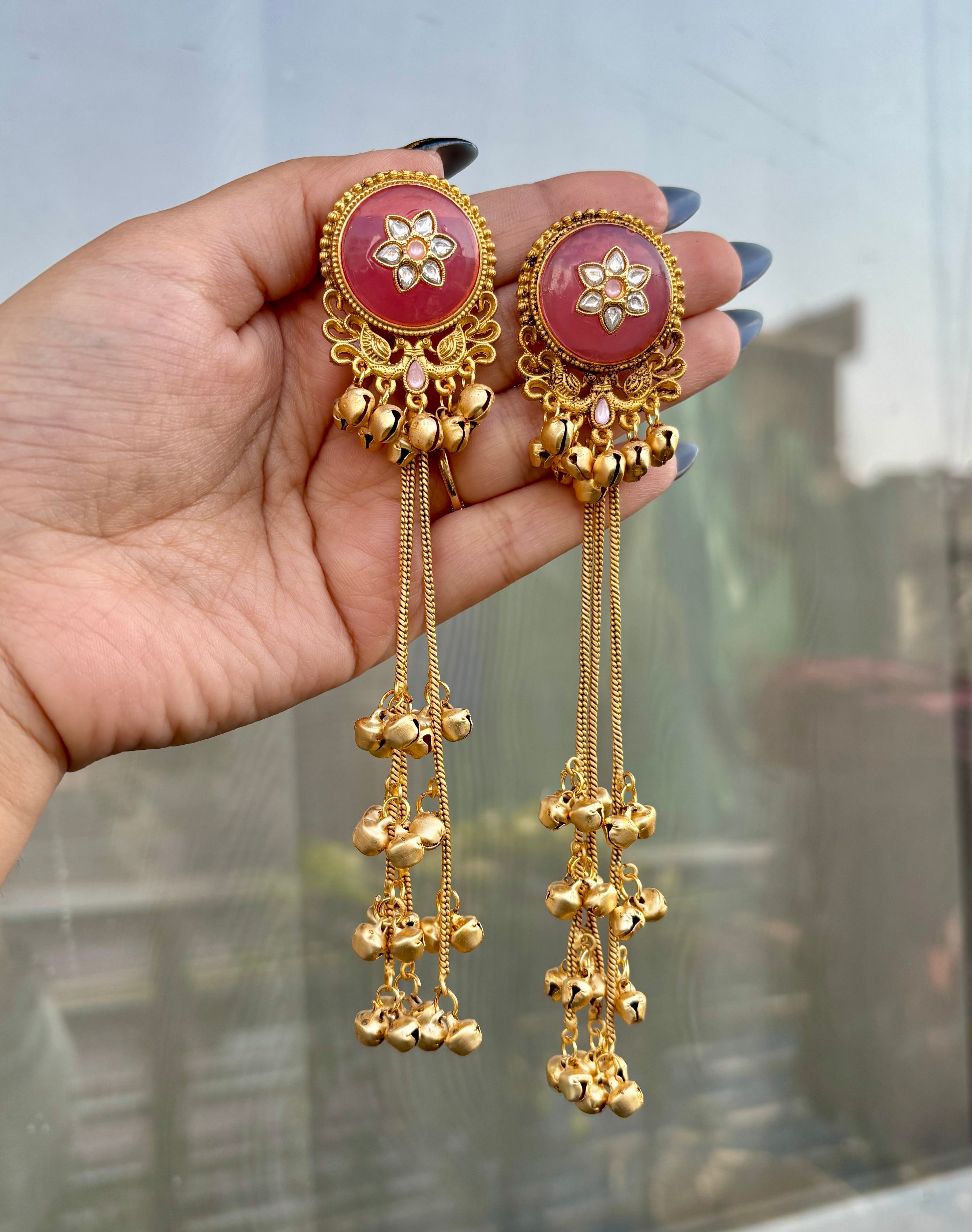 Round Pinkish Kashmiri Long Earrings
