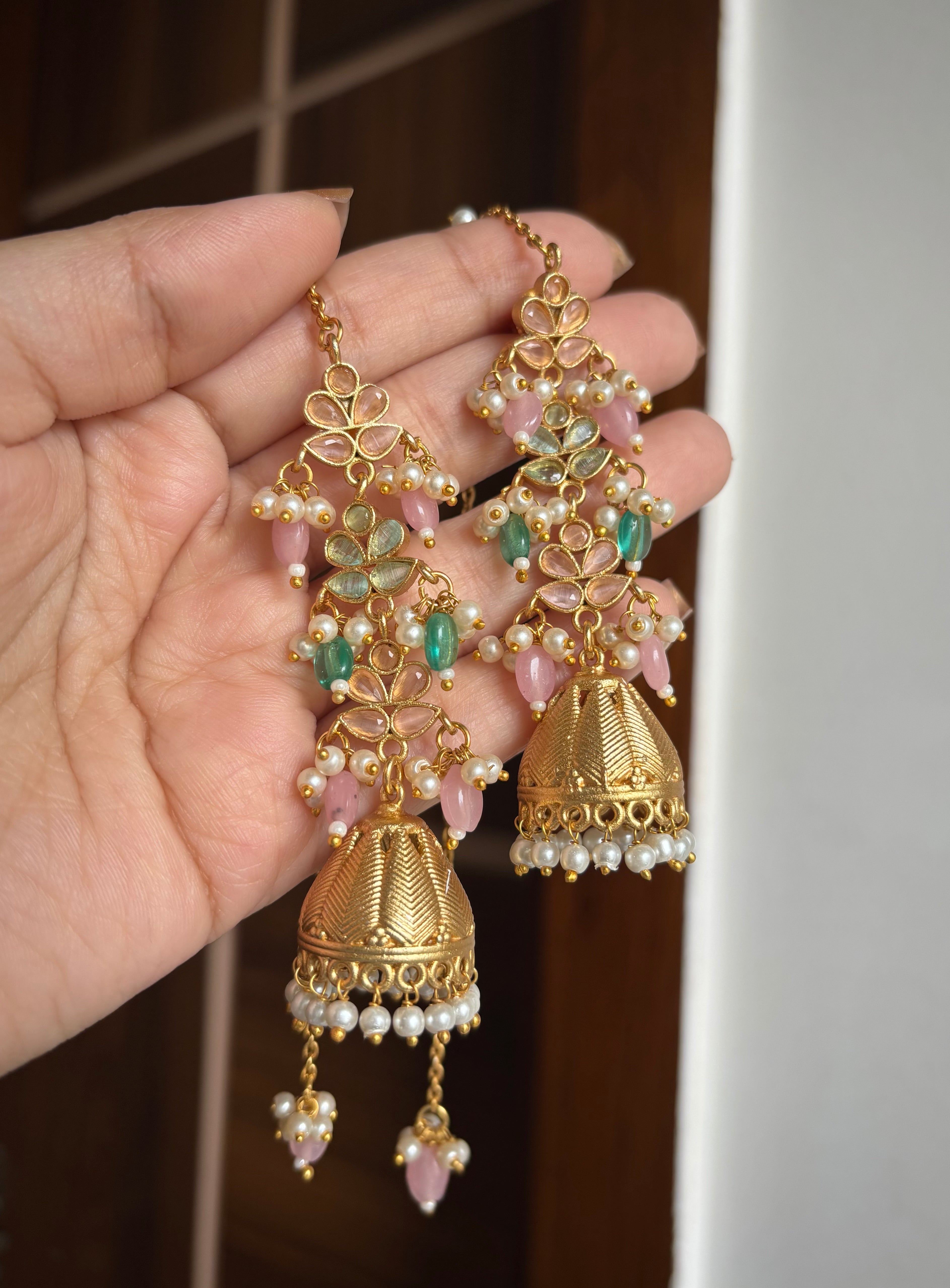 High Quality Designer Statement Brass Earrings (Pink & Turquoise)