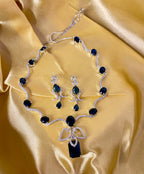 Angel American Diamond Sleek Necklace With Earrings ( Blue )