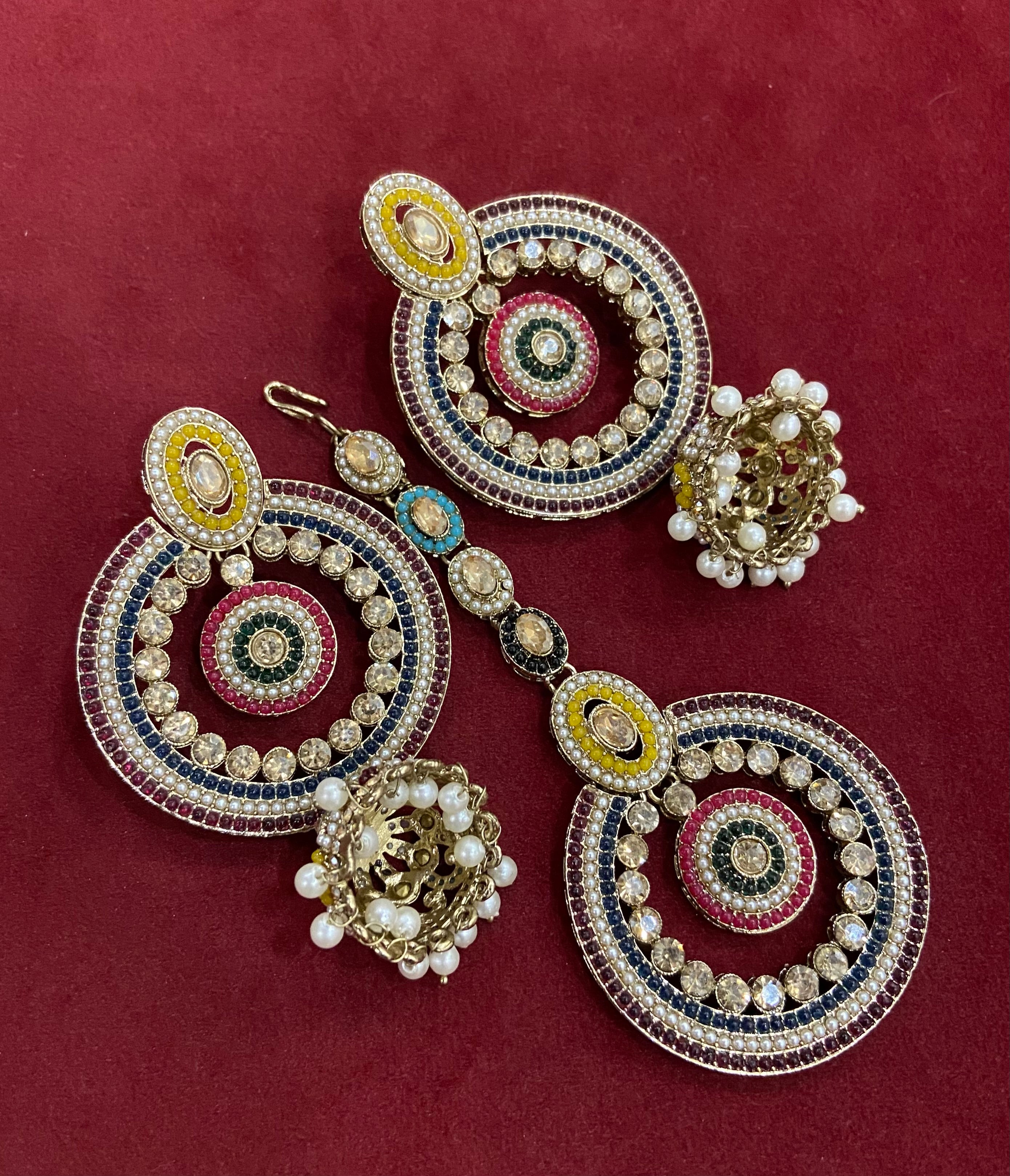 High Quality Designer Multi Chandbali Mang Tikka & Long Earrings