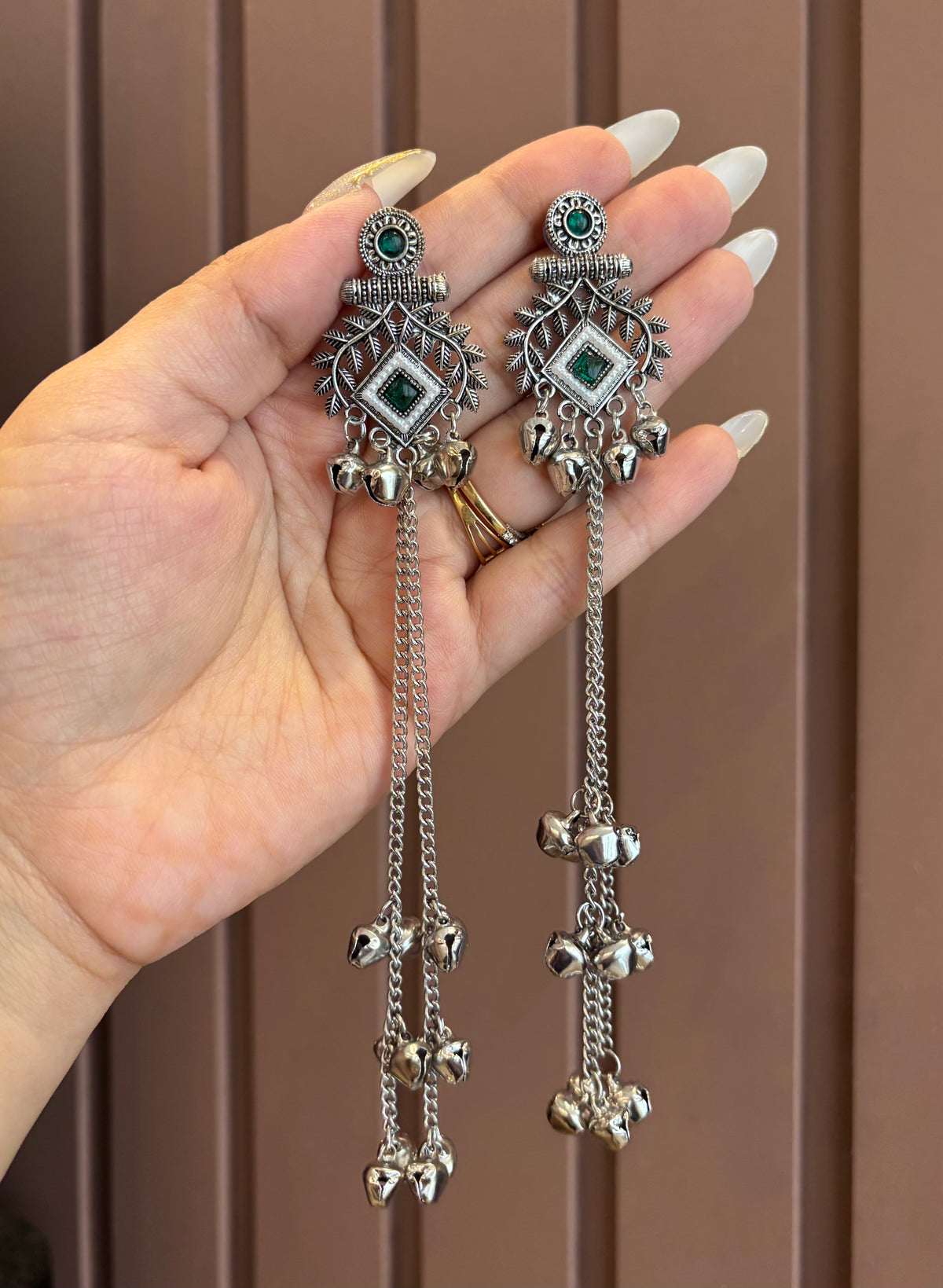 Tripti Silver Ghungroo Earrings (Green)