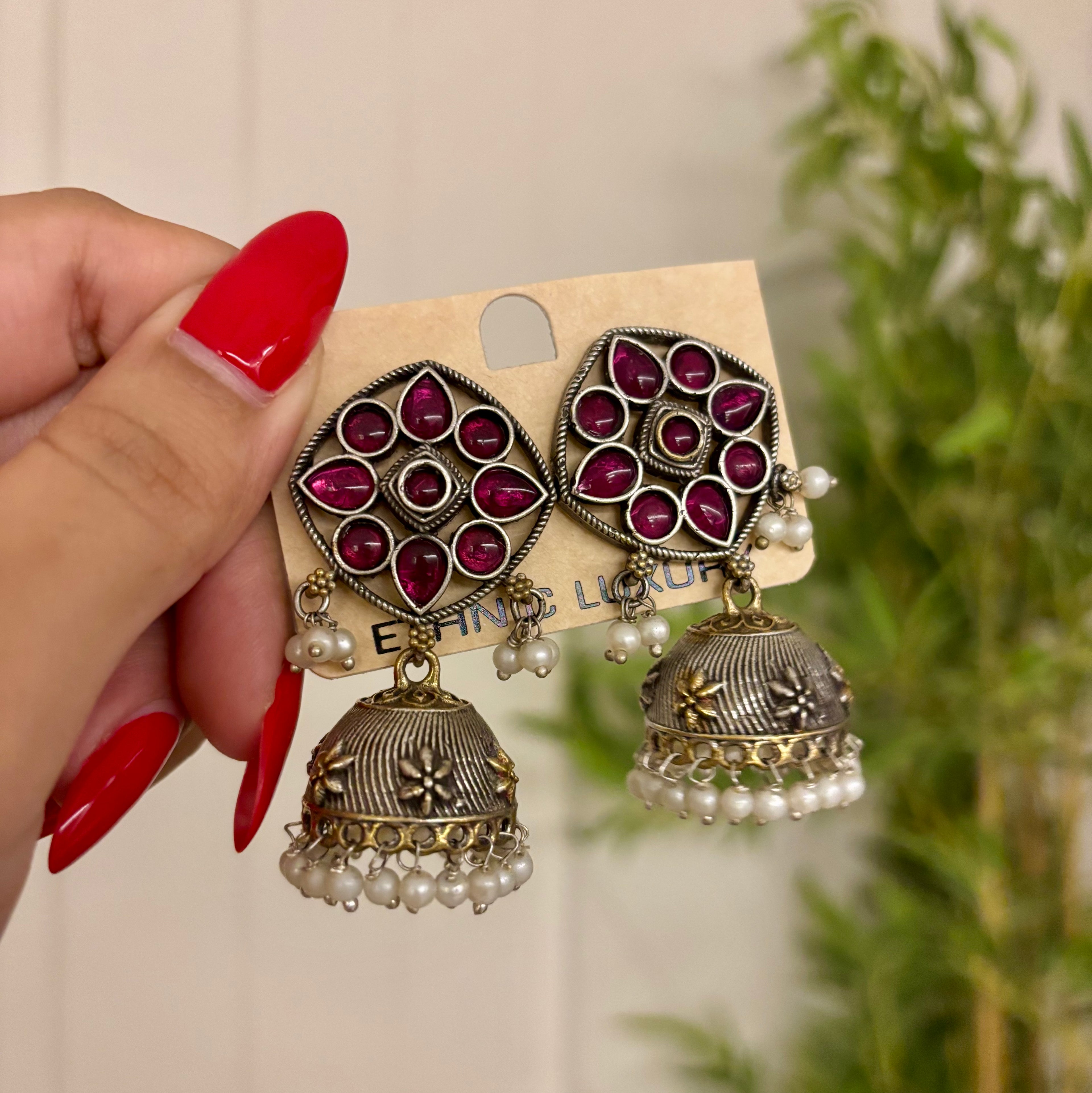 Maroon Green Mix Brass Jhumkas