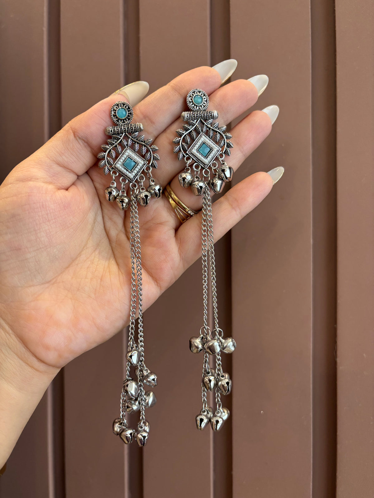 Tripti Silver Ghungroo Earrings (Turquoise)