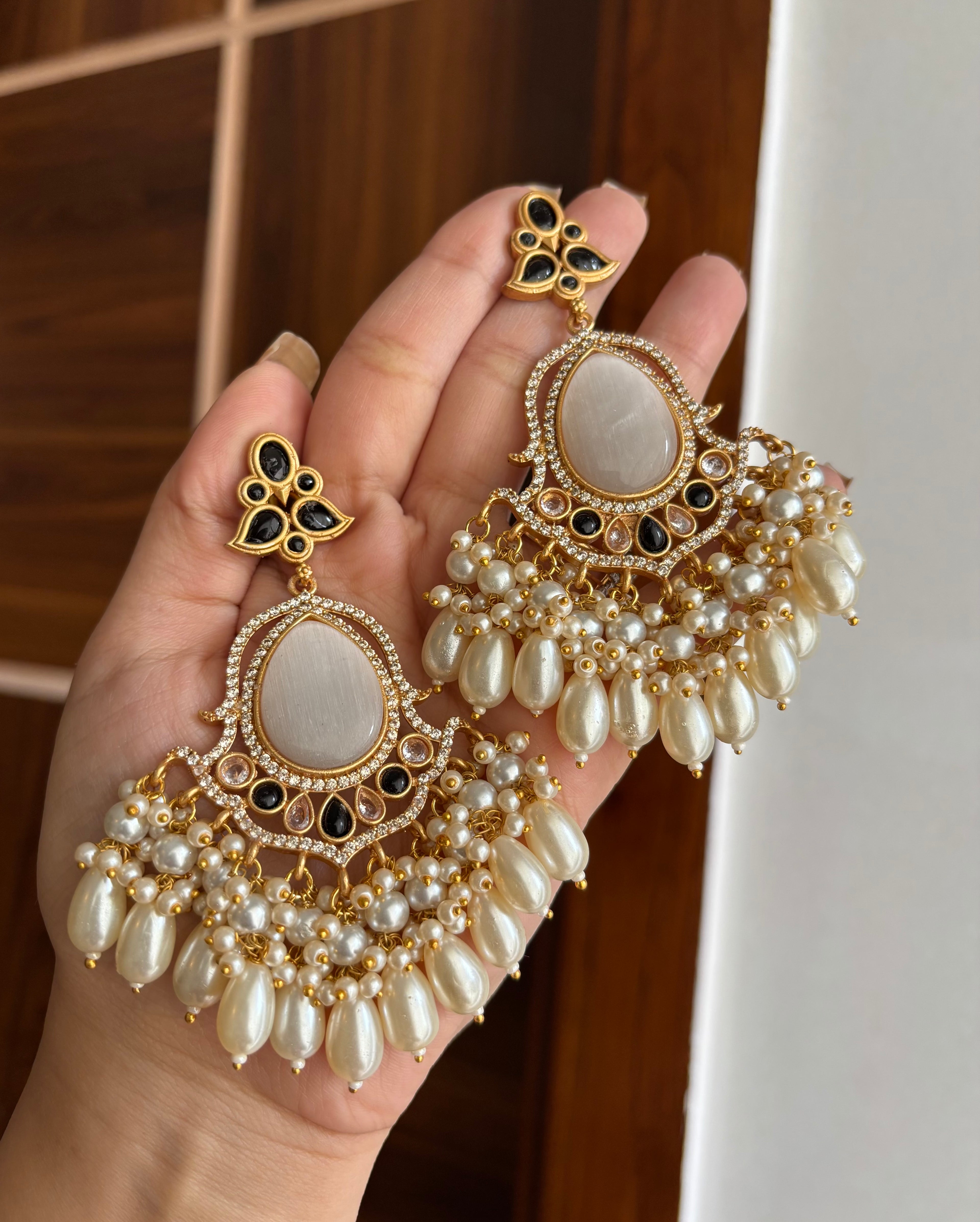 Premium Quality American Diamond Earrings In Monazite Stone Touch ( Ivory & Black )