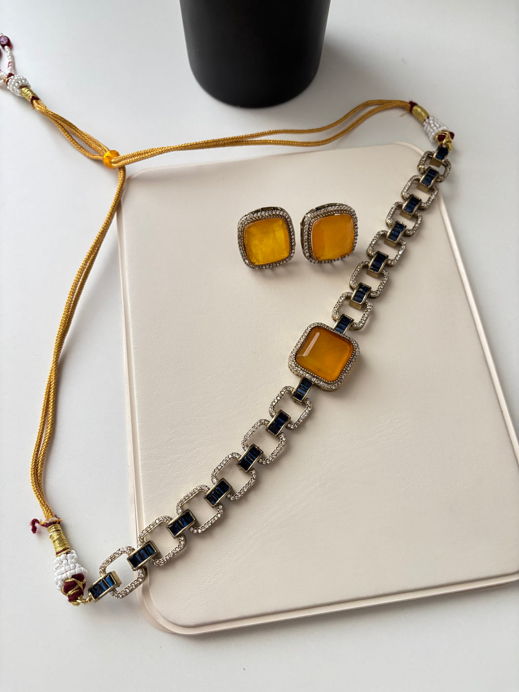 Sabyasachi Inspired Doublet Stone Work Choker With Studs (Yellow)