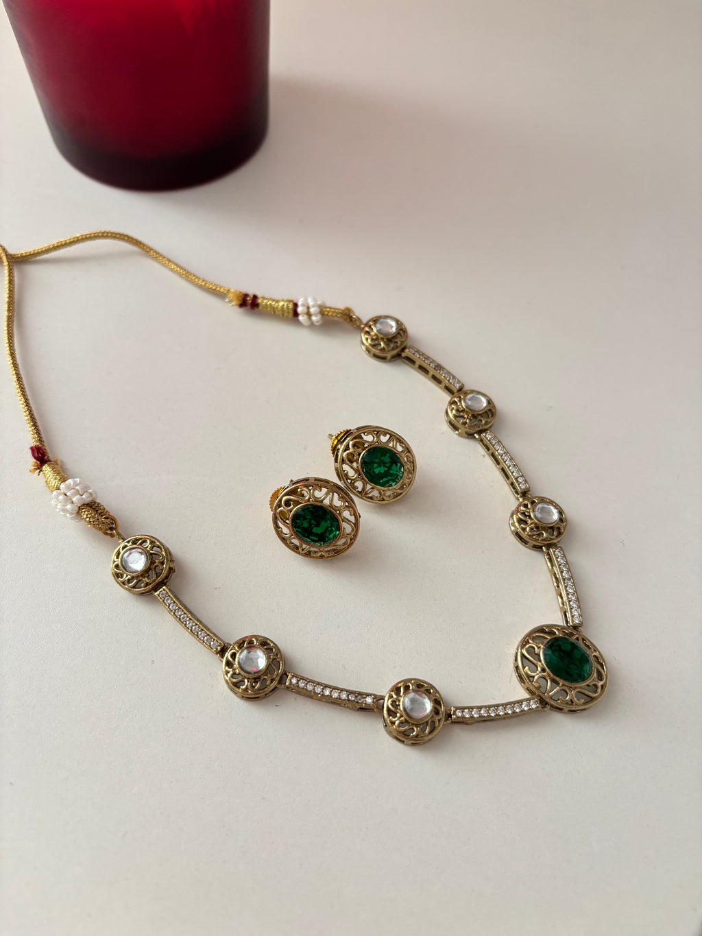 Premium Doublet & Polki Necklace With Studs (Green)