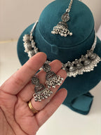 Designer Silver Necklace With Mang Tikka & Jhumkas