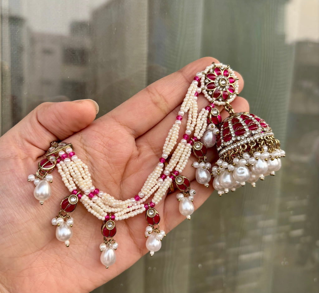 Sunpreet Dark Pink Pearls & Stones Touch Jhumkas With Side Layers