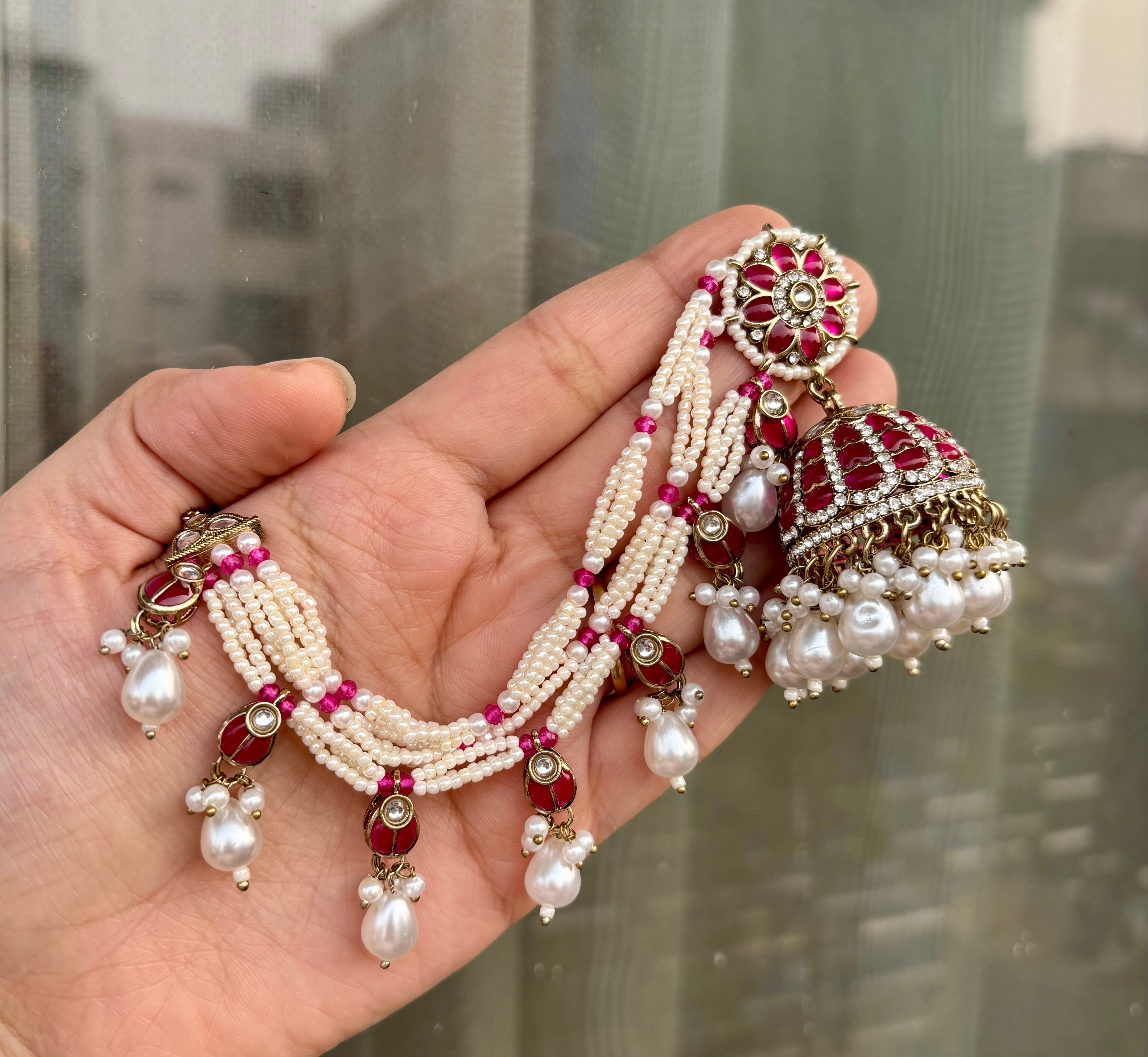 Sunpreet Dark Pink Pearls & Stones Touch Jhumkas With Side Layers