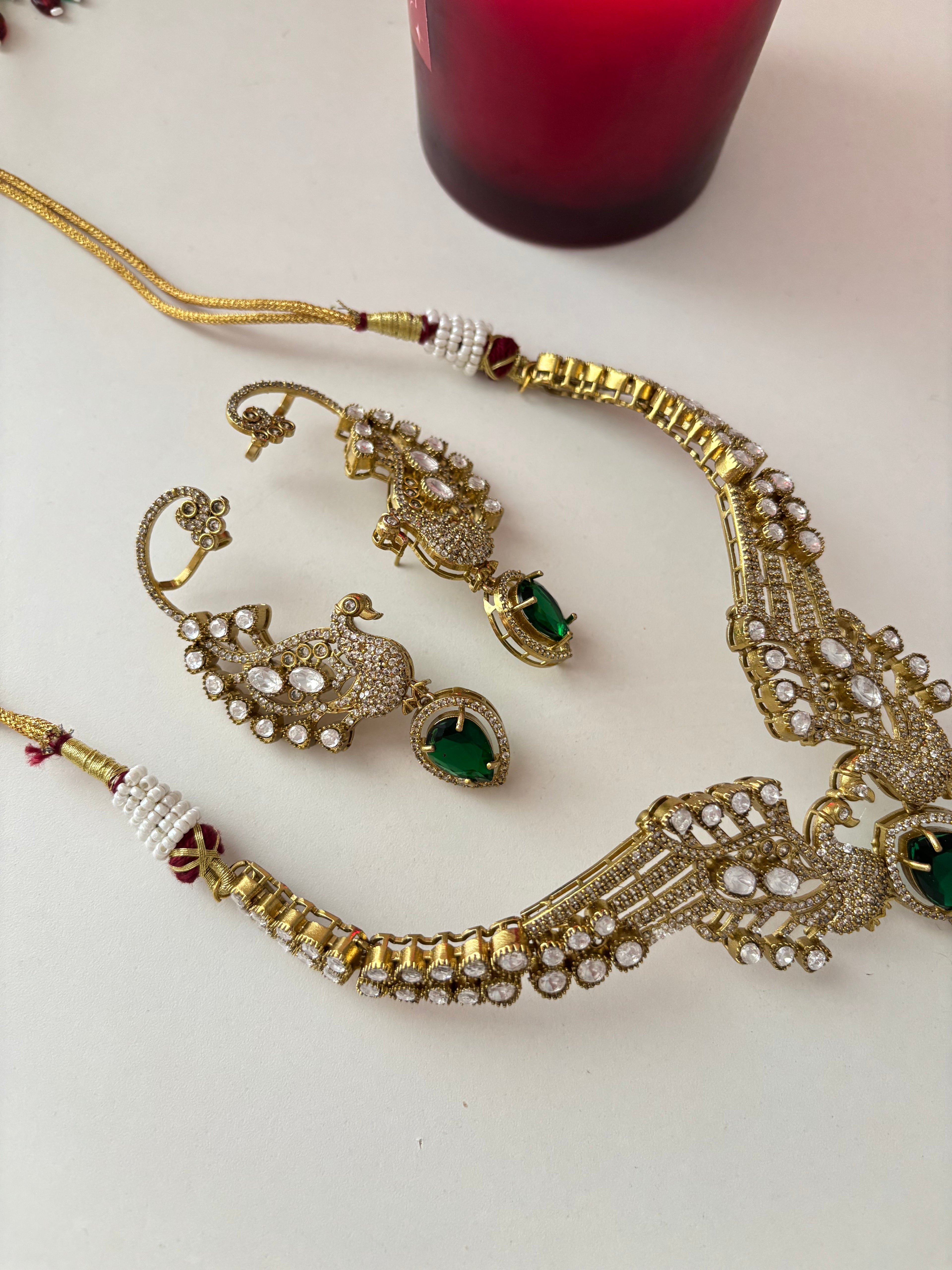 Royal Peacock Designer Statement Premium Doublet Stones Work Necklace With Earcuff (Emerald)