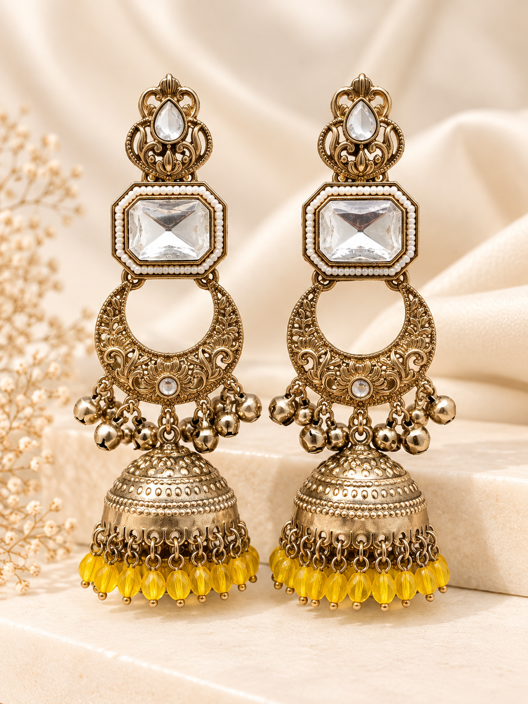 Ghungroo Chandbali Jhumkas (Yellow)