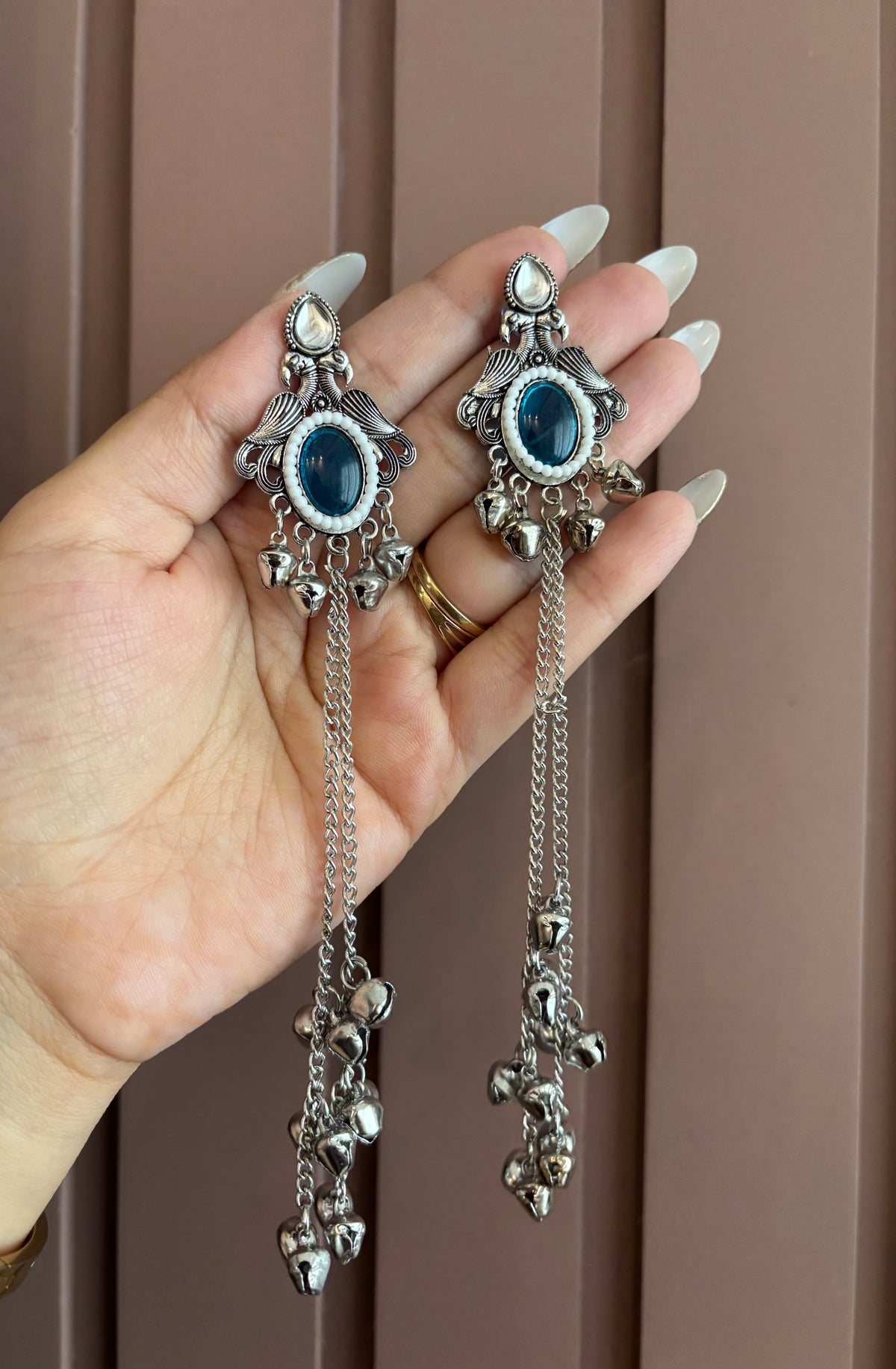 Oval Silver Ghungroo Earrings (Blue)