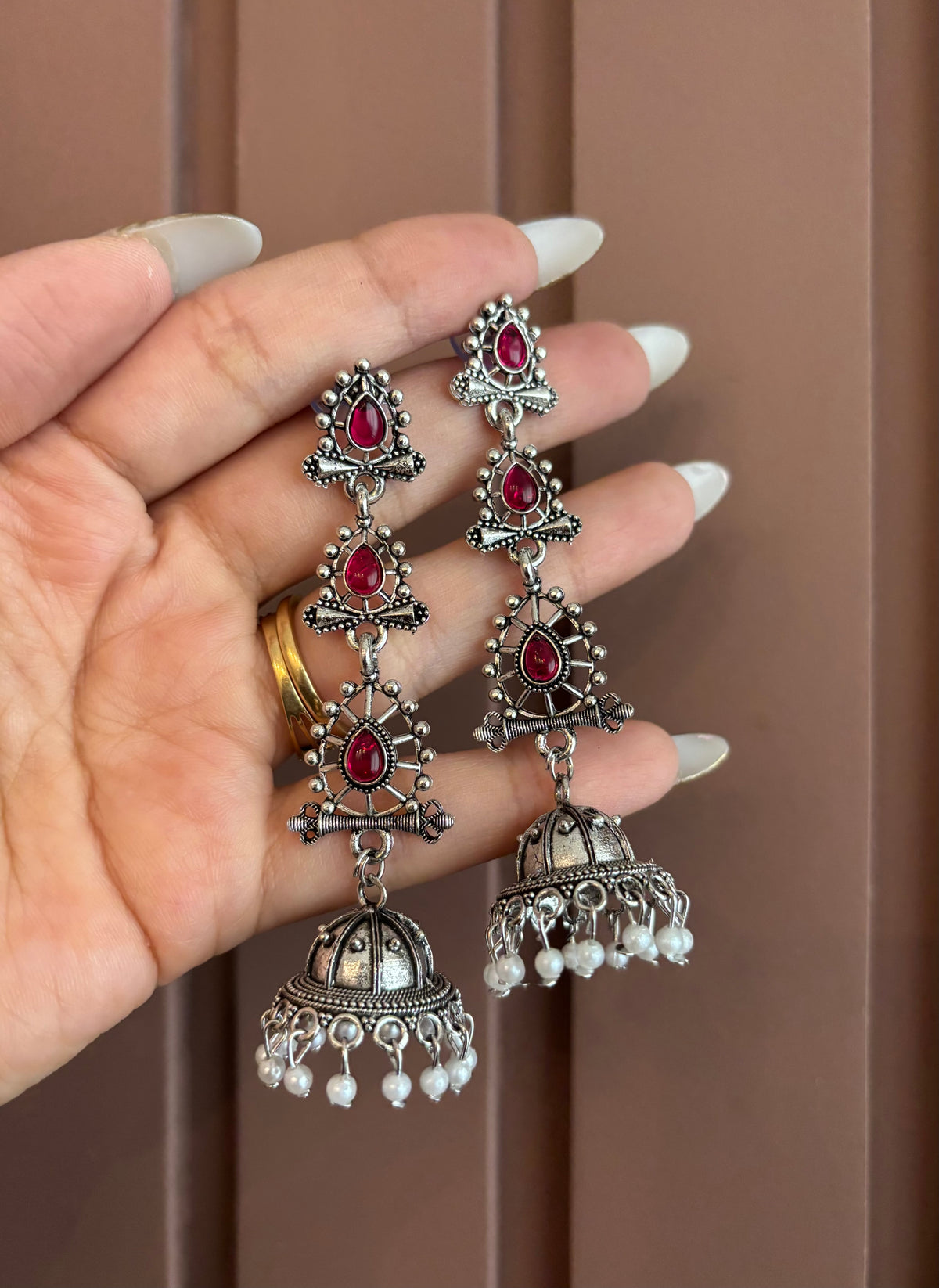 Kajal Silver Jhumkas (Ruby)