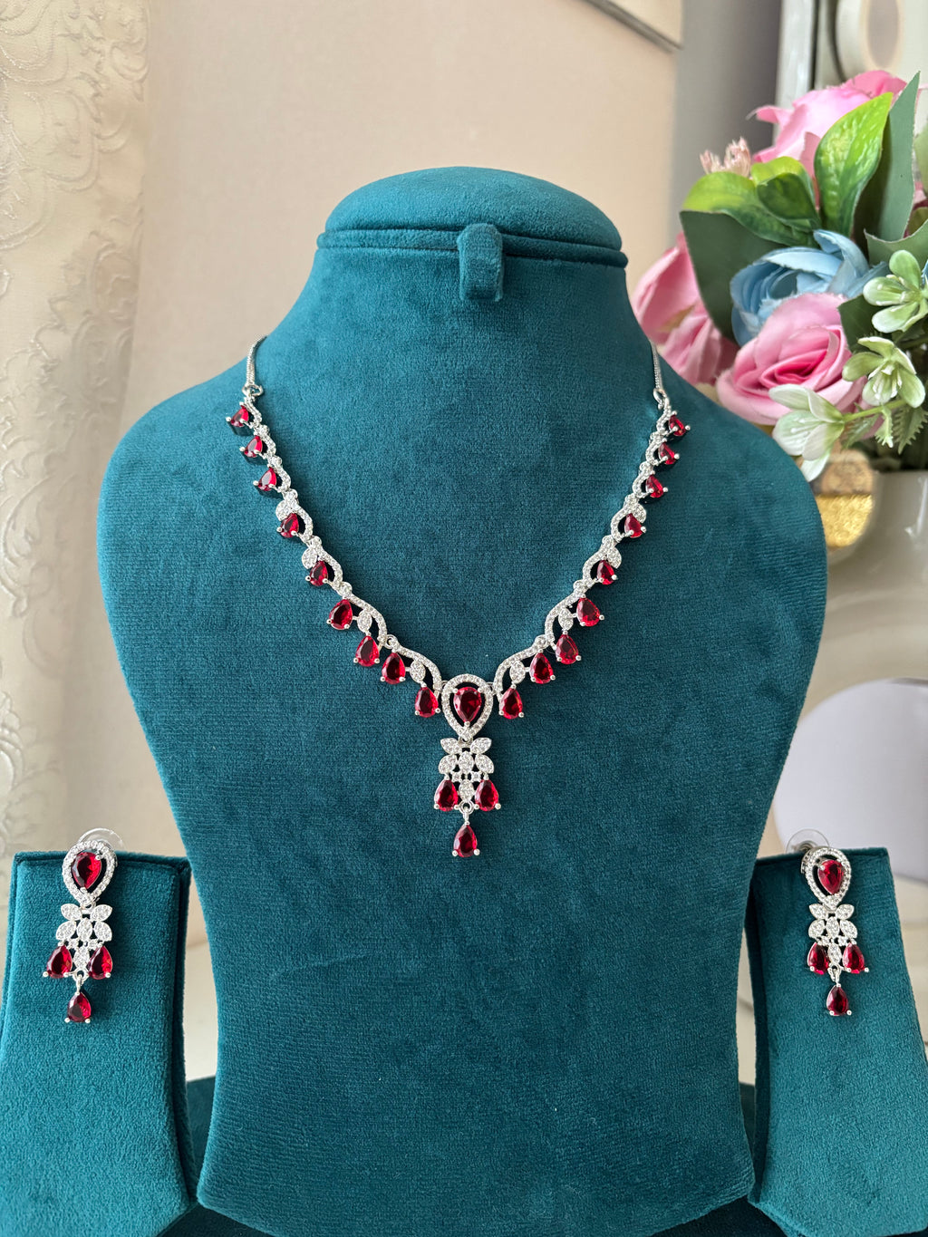 Elizabeth American Diamond Necklace With Earrings (Ruby)