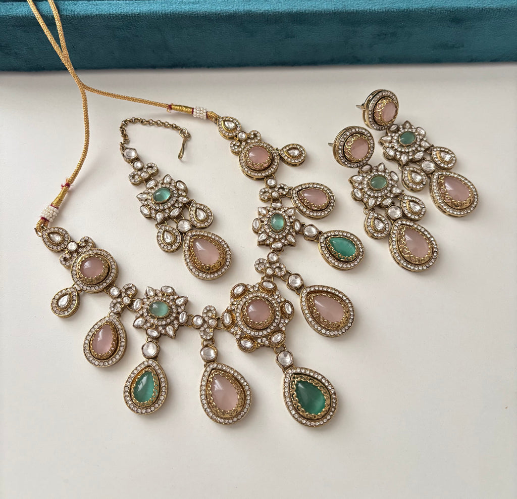 Rosy Turkish Necklace With Mang Tikka & Long Drop Earrings (Pink/Mint)
