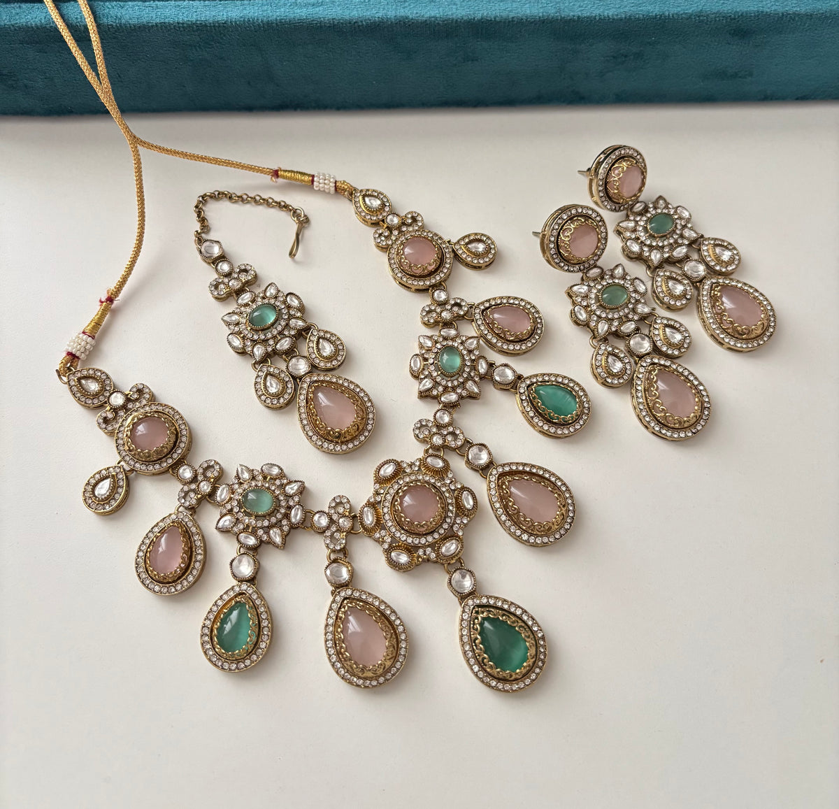Rosy Turkish Necklace With Mang Tikka & Long Drop Earrings (Pink/Mint)