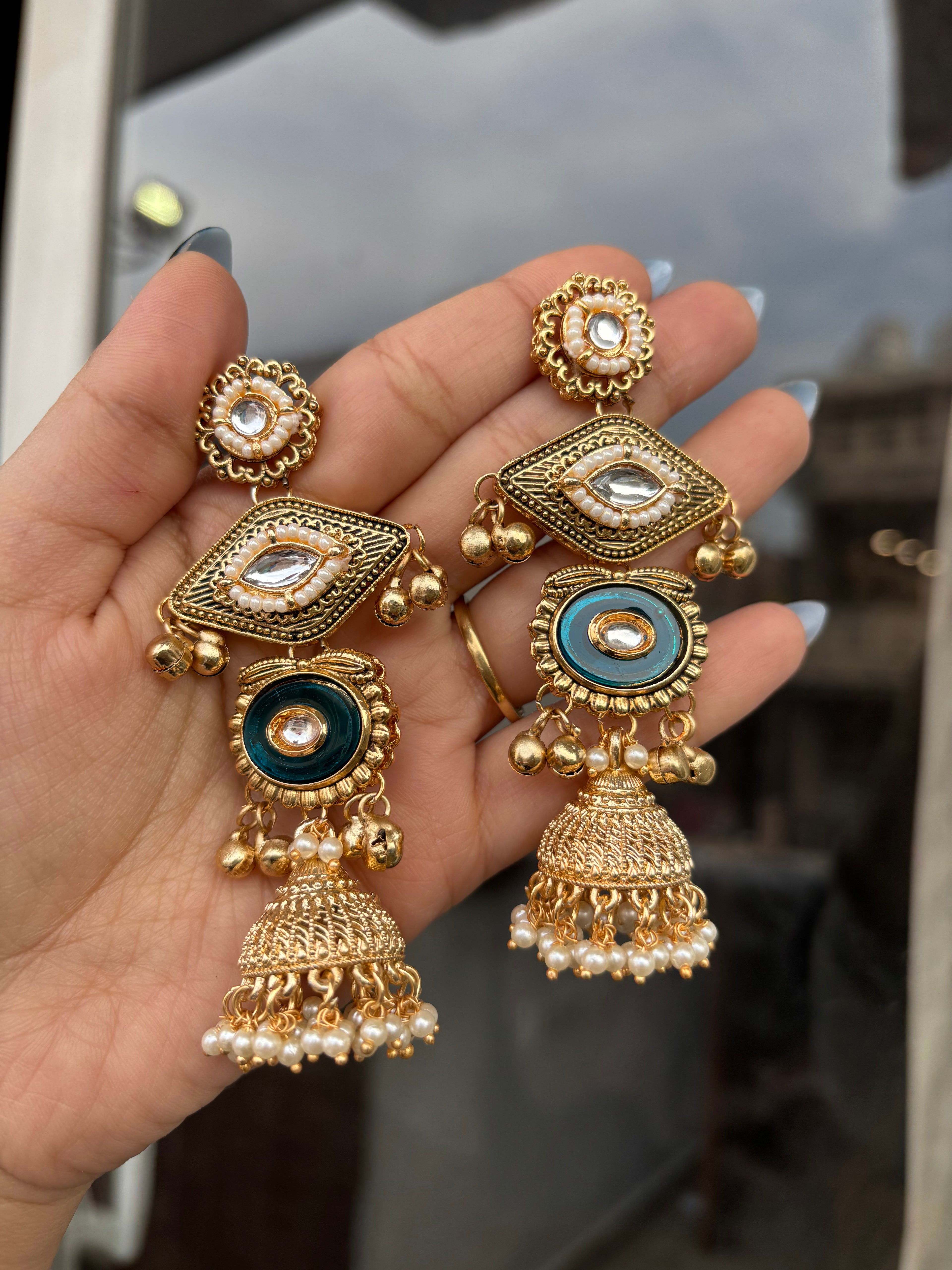 Tri Peacock Blue Kashmiri Earrings