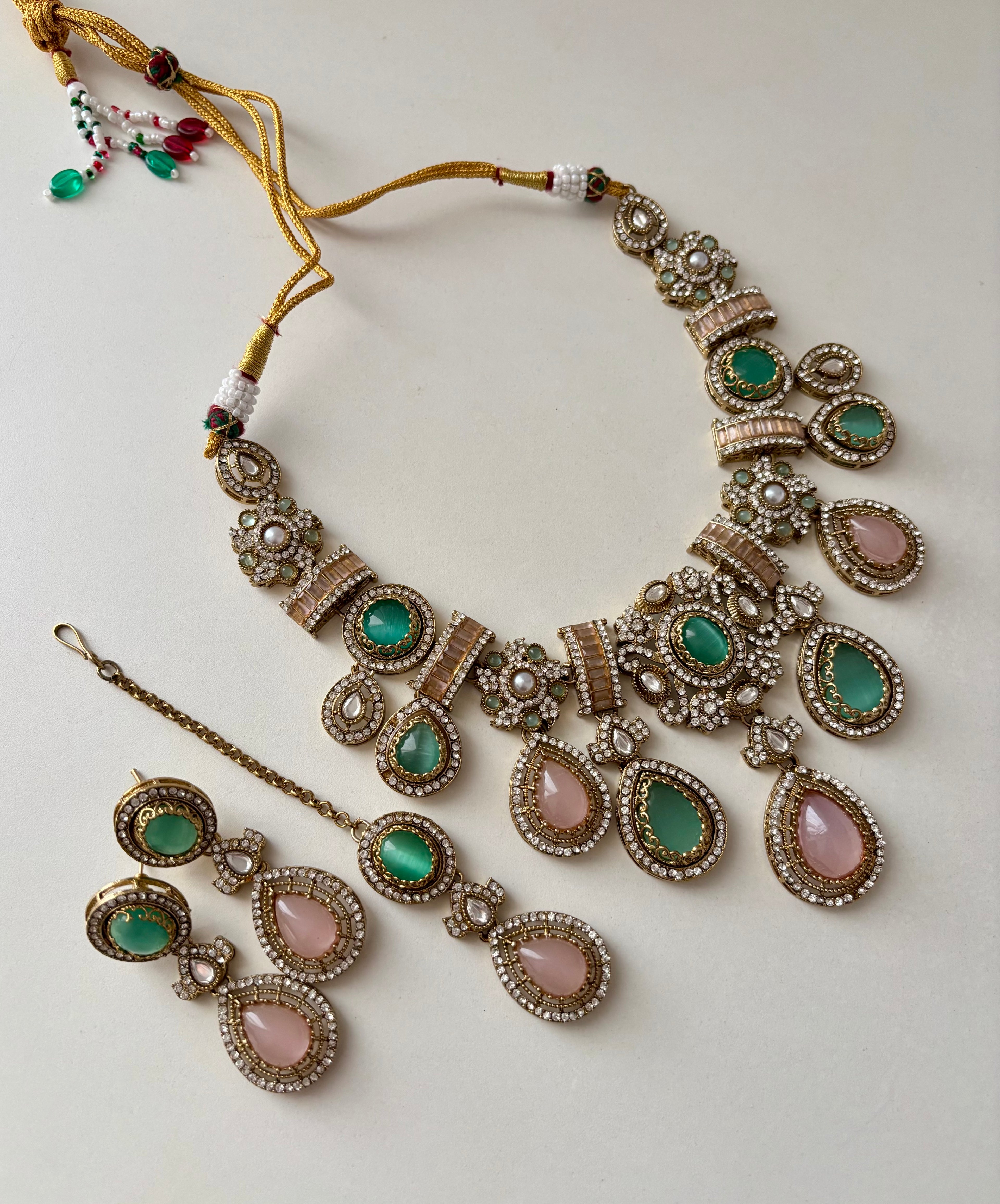 Princess Maya Multi Rose Drop Necklace With Earrings (Mint & Pink)
