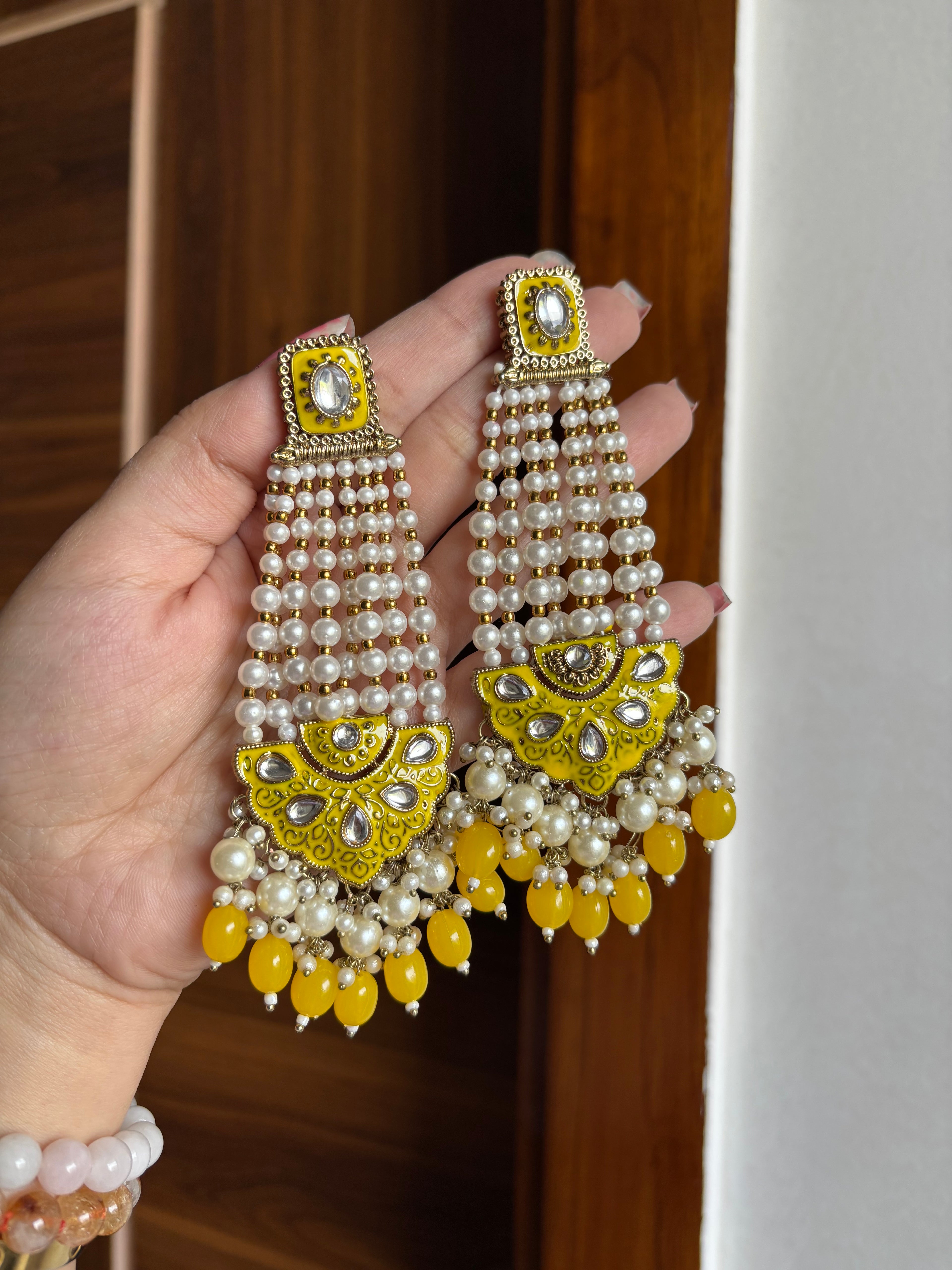 Kundan & Meena Work Long Earrings ( Yellow)