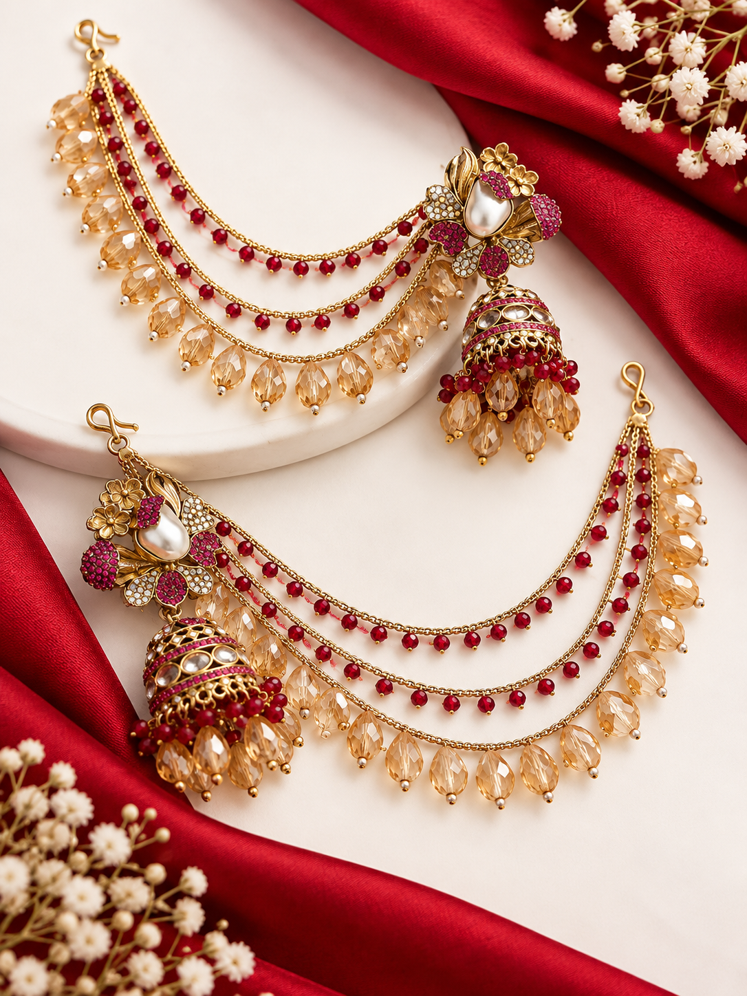 Heena Turkish Jhumkas With Detachable Earchain (Dark Pink)
