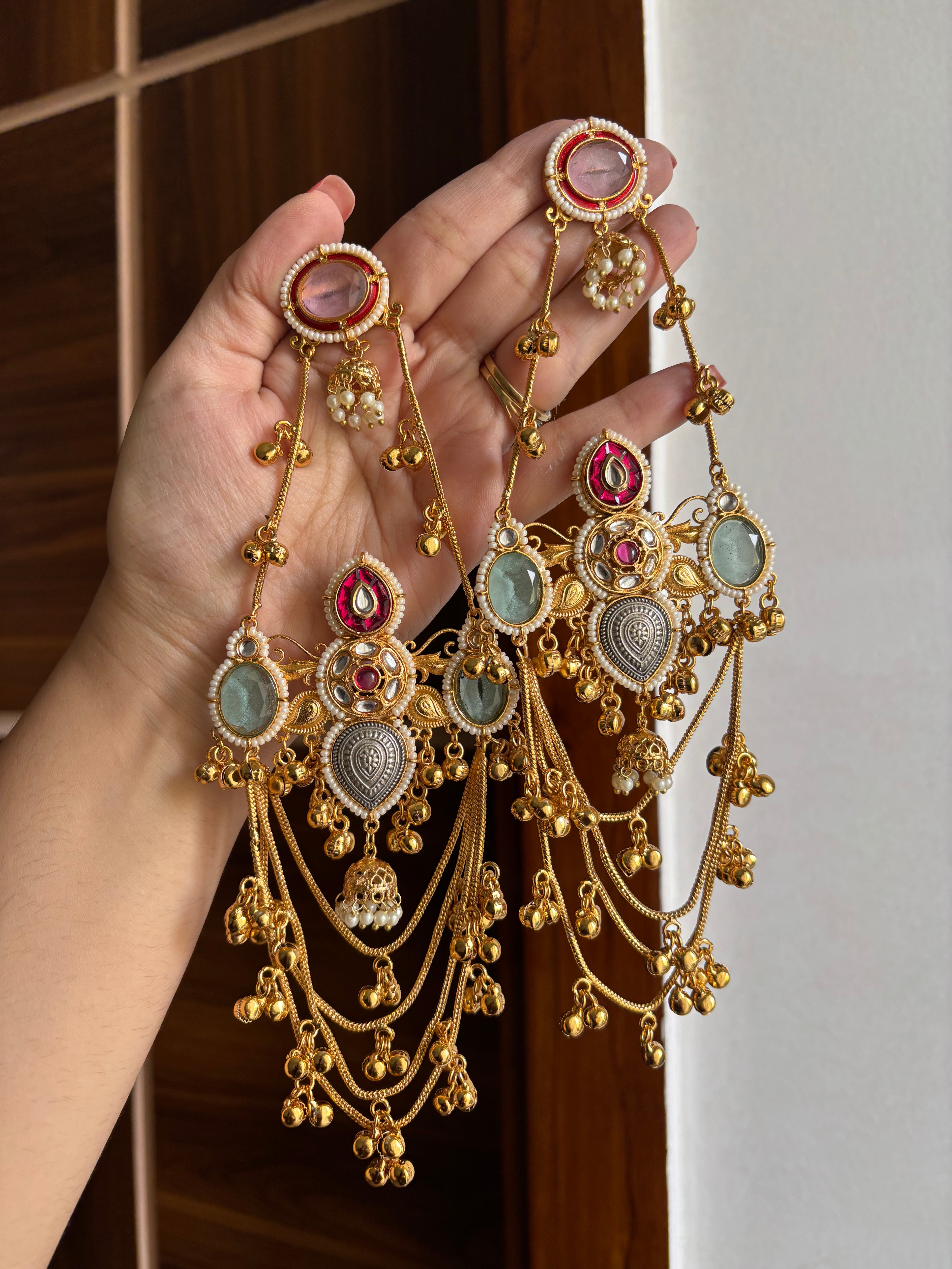 Saloni Barkha Heavy Look Long Kashmiri Earrings (Pink & Mint)