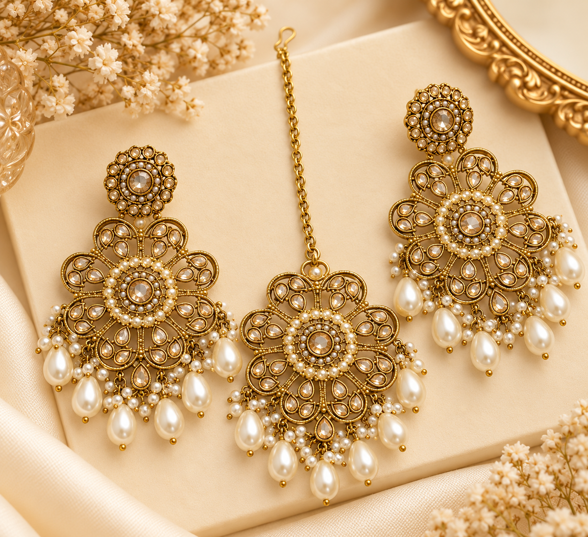 Premium Daisy Mang Tikka With Earrings (Pearl)