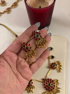 Ruby & Emerald Touch Gold Look Necklace With Earrings