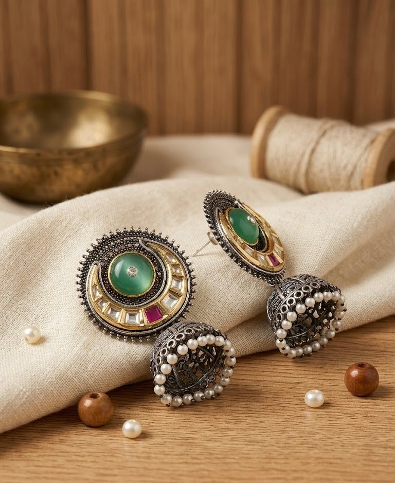 Premium Kundan & German Silver Touch Jhumkas (Turquoise)