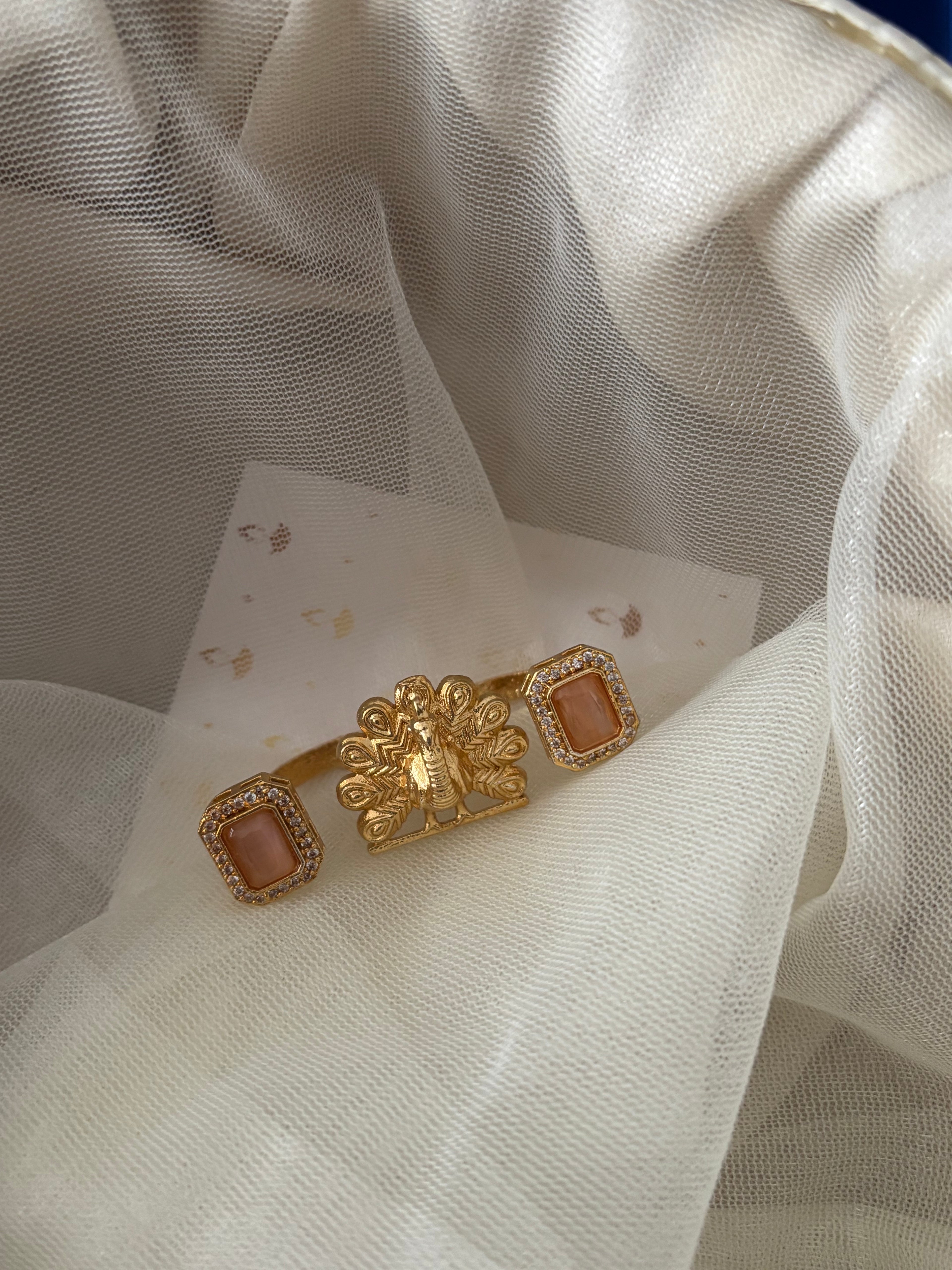 Peacock Touch Statement Double Finger Adjustable Ring (Peach)