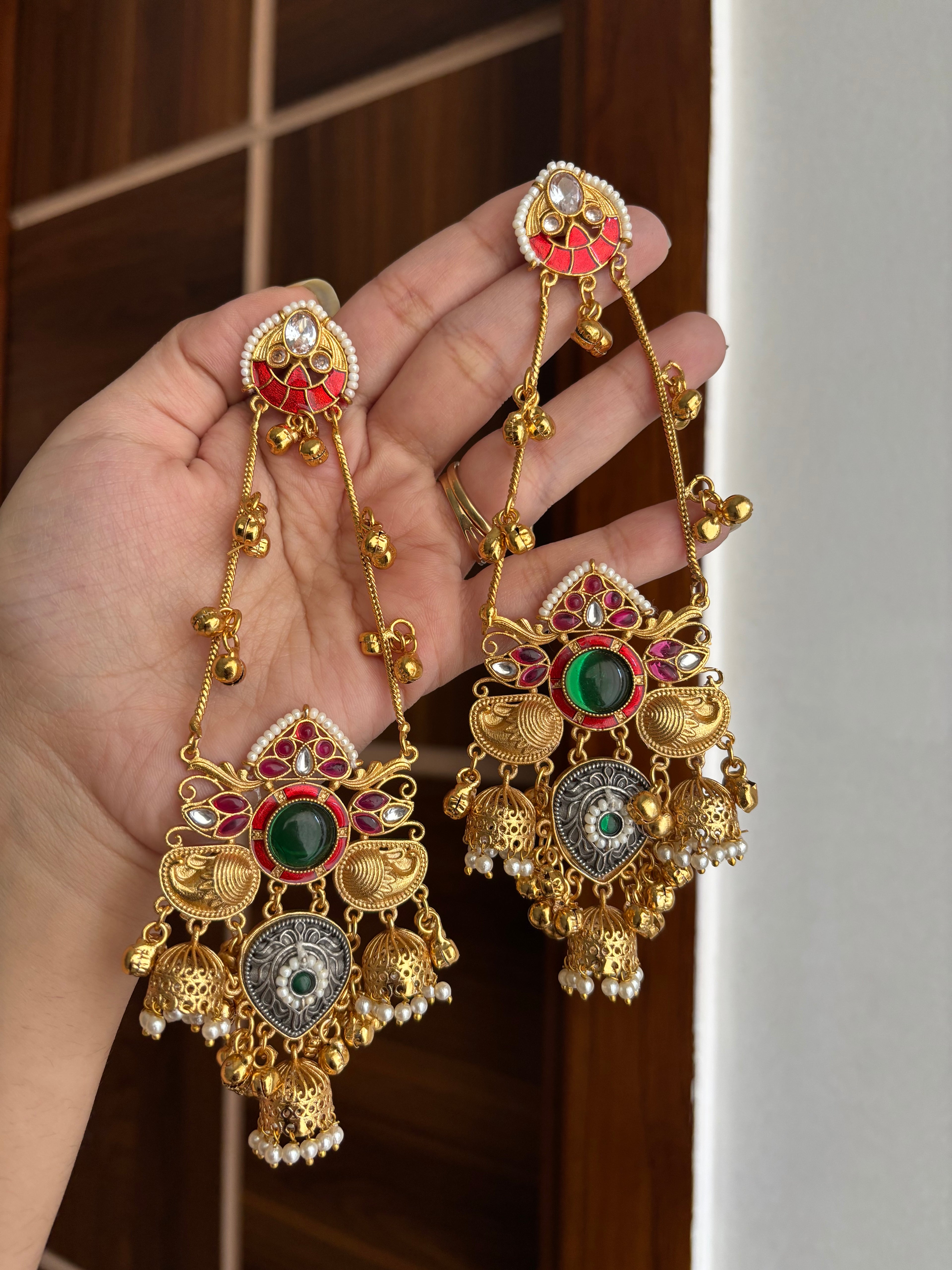 Twinkle Long Kashmiri Earrings (Green)