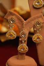 Yellow Statement Victorian Style Necklace With Mang Tikka & Earrings