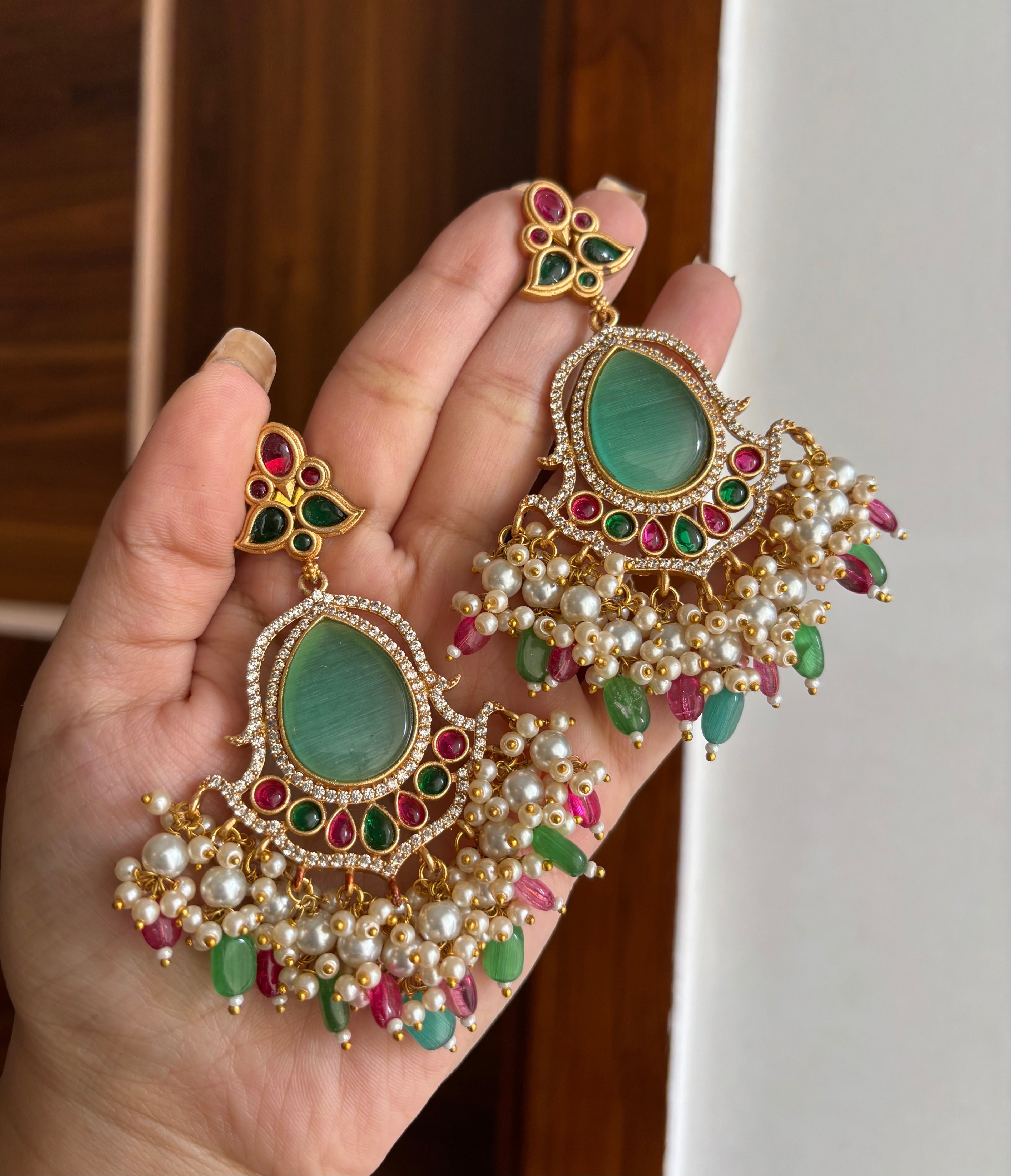Premium Quality American Diamond Earrings In Monazite Stone Touch (Turquoise In Emerald & Ruby)