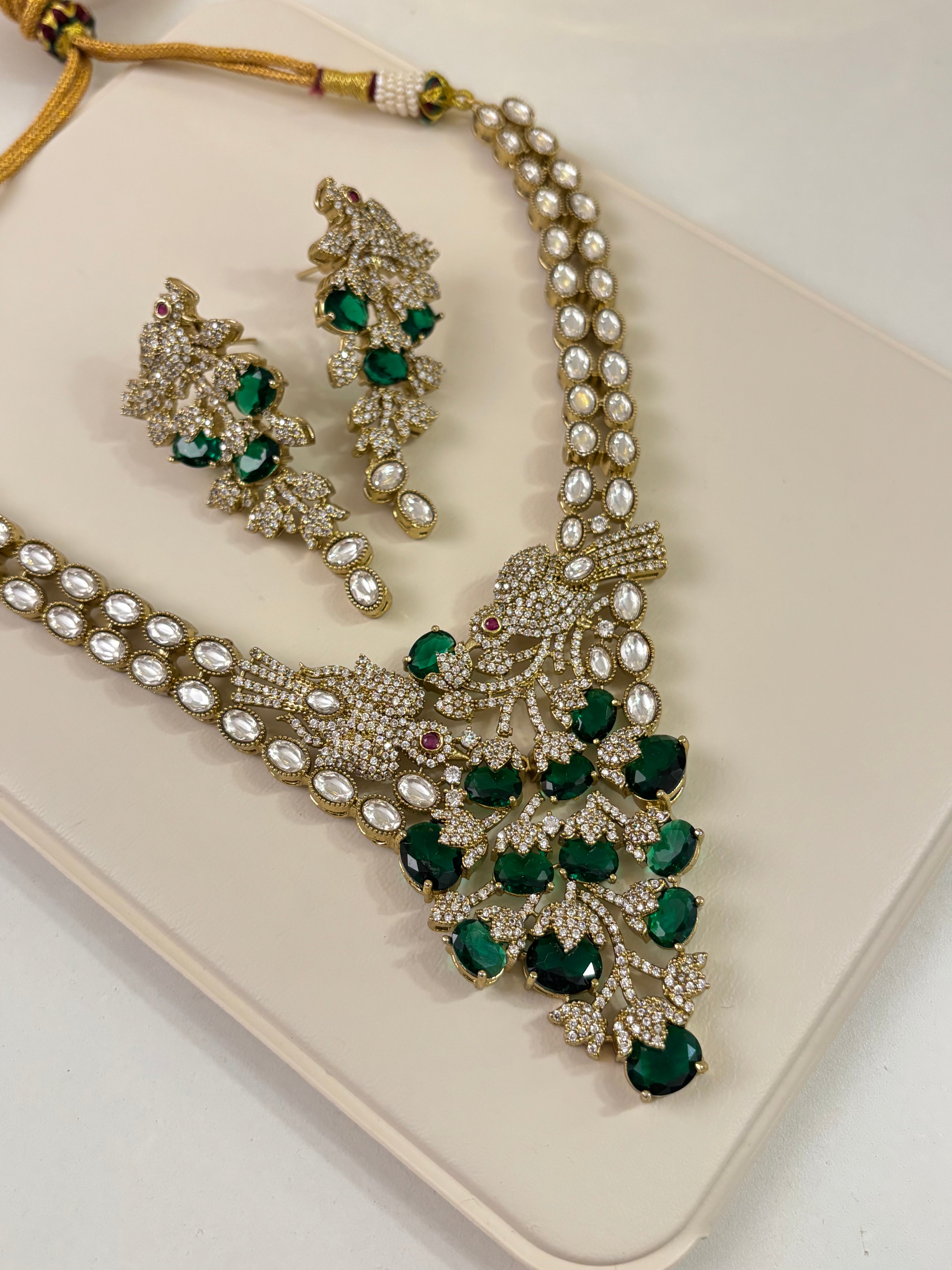 Premium Classy Nature Inspired Emerald Necklace With Earrings ( Moissanite & Doublet Stones Work)