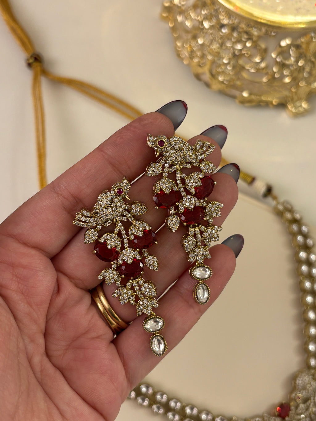 Premium Classy Nature Inspired Ruby Necklace With Earrings ( Moissanite & Doublet Stones Work)