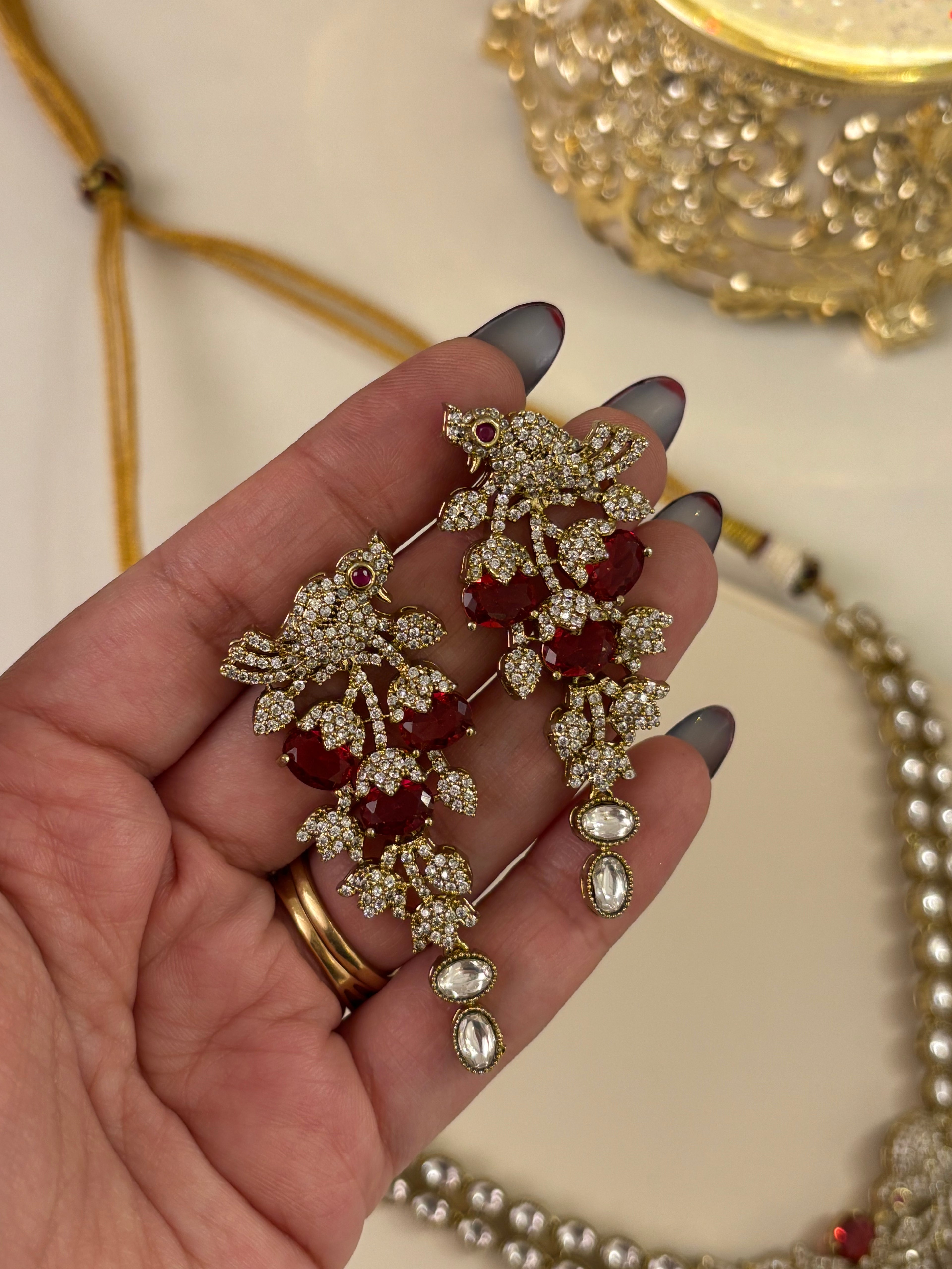 Premium Classy Nature Inspired Ruby Necklace With Earrings ( Moissanite & Doublet Stones Work)