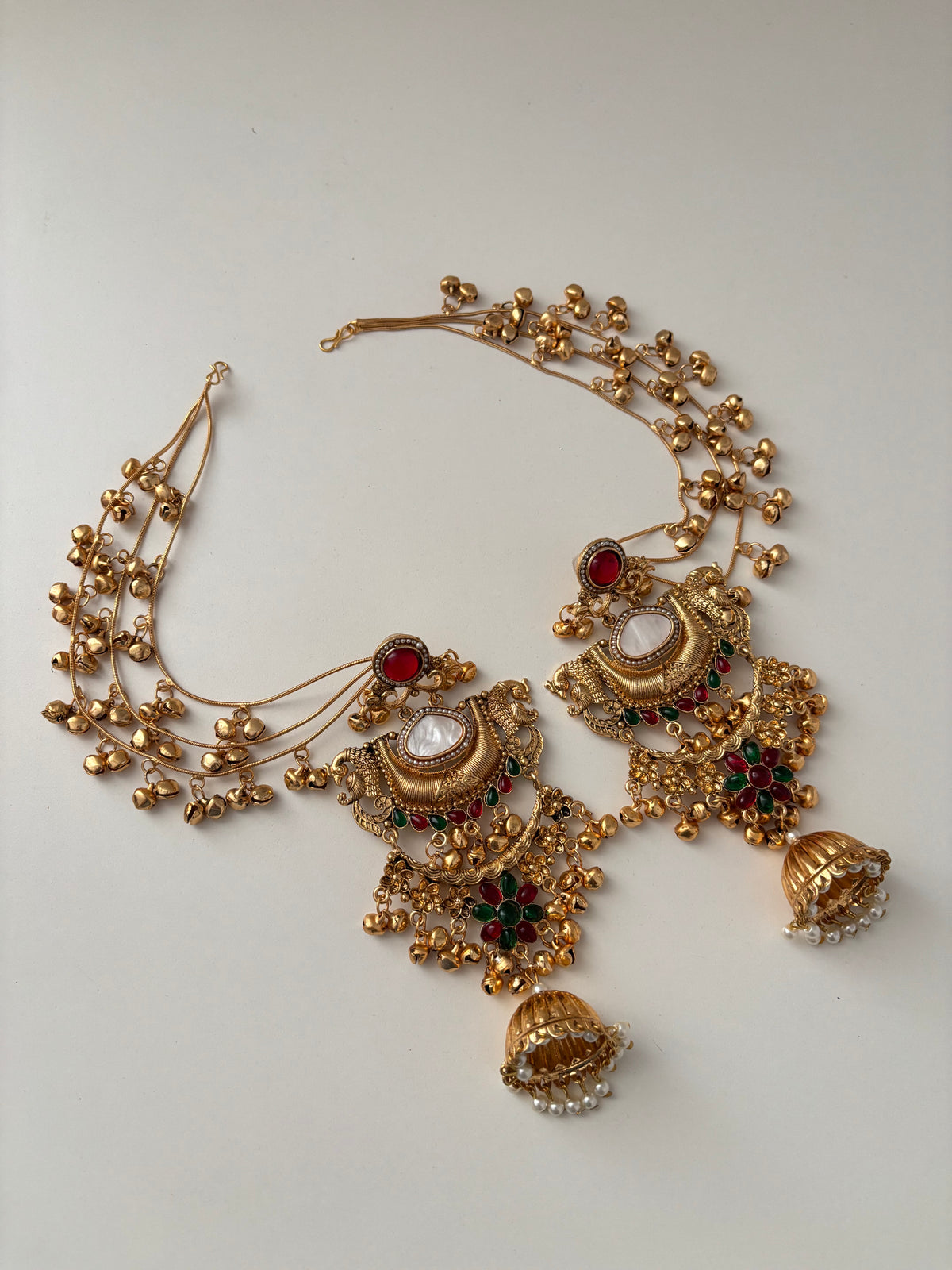 Taashi Long Kashmiri Earrings With Detachable Earchain (Ruby/Emerald)