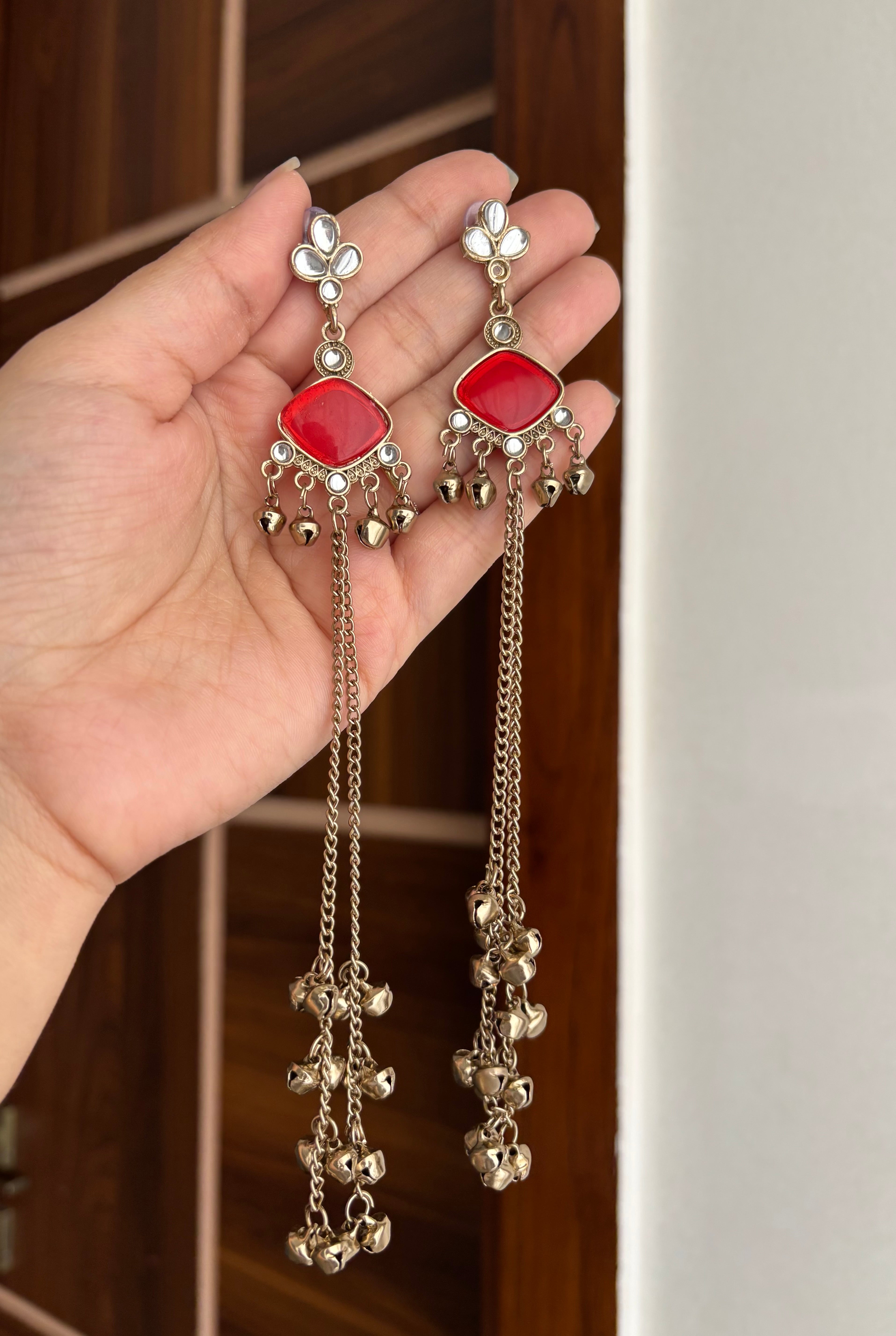 Shalini Kashmiri Long Earrings ( Red )