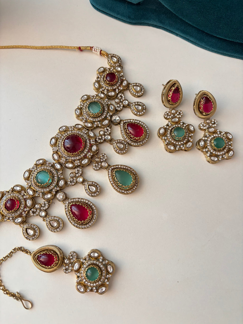 Princess Jasmine Turkish Necklace With Mang Tikka & Earrings (Ruby & Turquoise)
