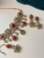 Princess Jasmine Turkish Necklace With Mang Tikka & Earrings (Ruby & Turquoise)