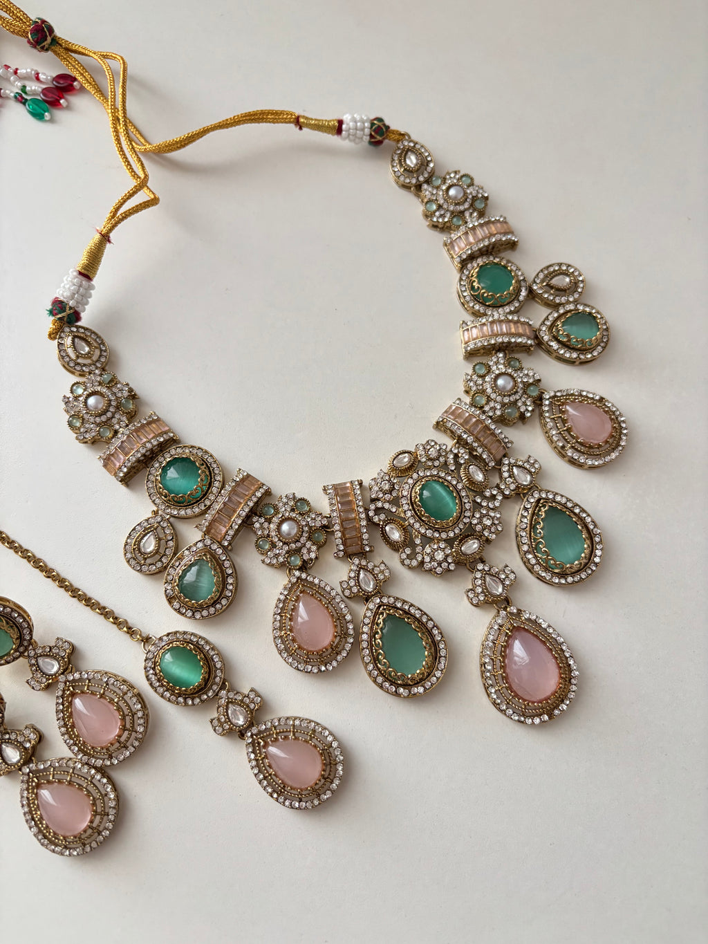 Princess Maya Multi Rose Drop Necklace With Earrings (Mint & Pink)