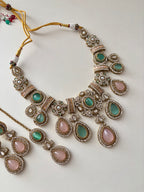 Princess Maya Multi Rose Drop Necklace With Earrings (Mint & Pink)