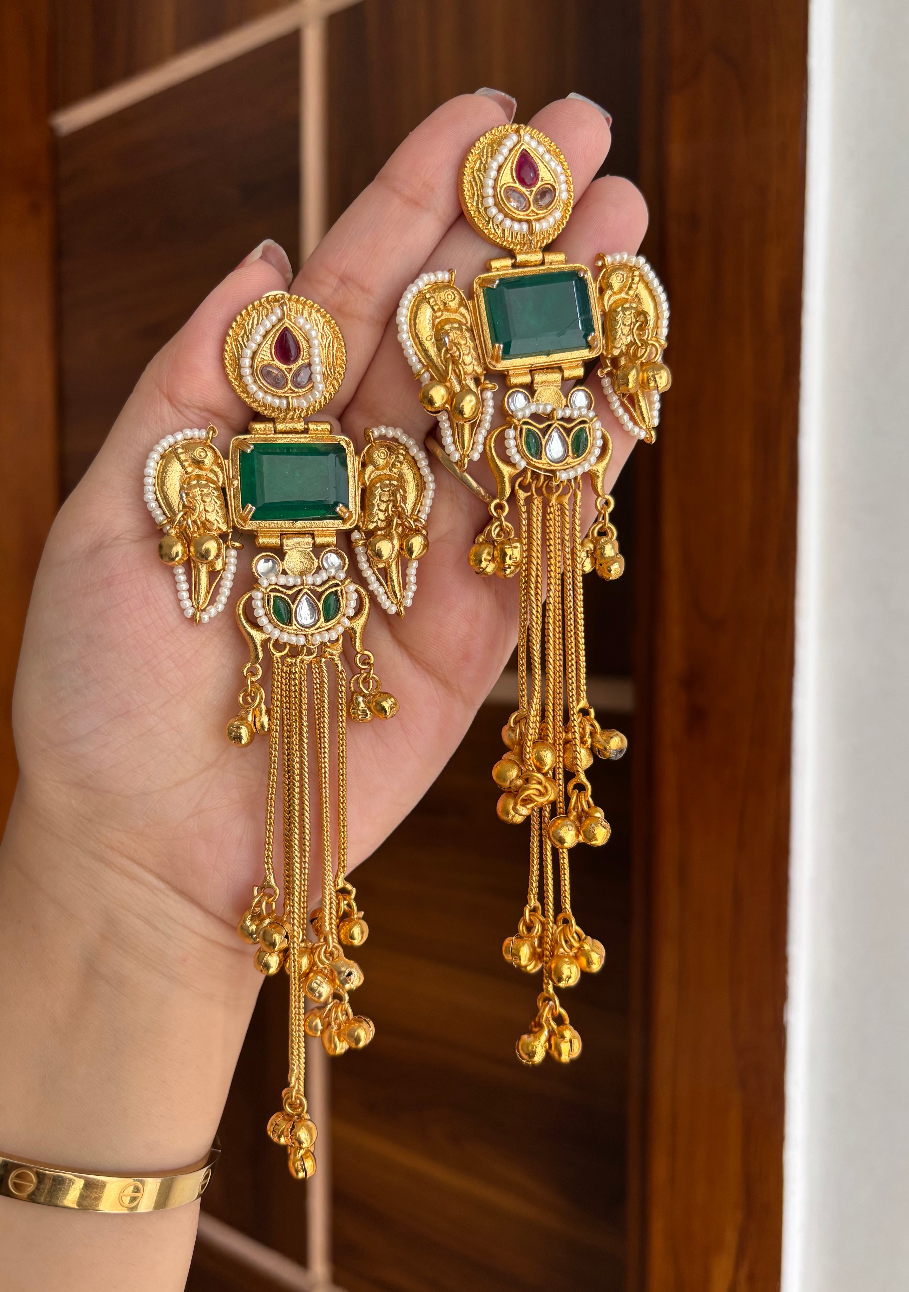 Sanchi Kashmiri Long Earrings ( Green)