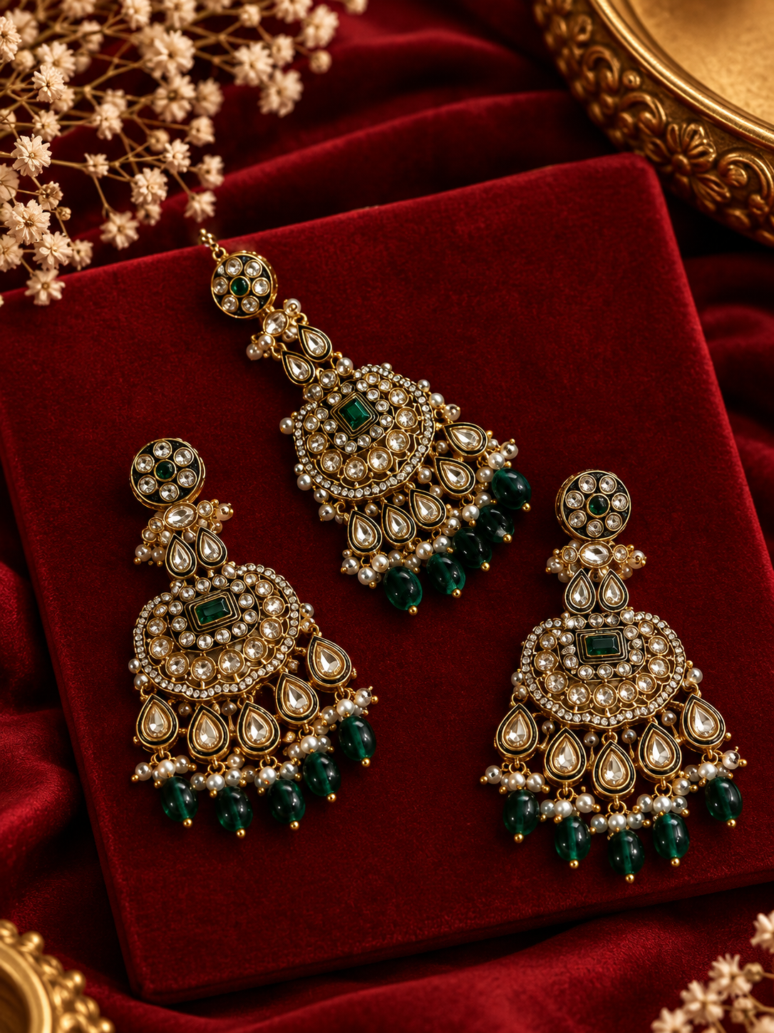 Premium Royal Emerald Mang Tikka With Earrings