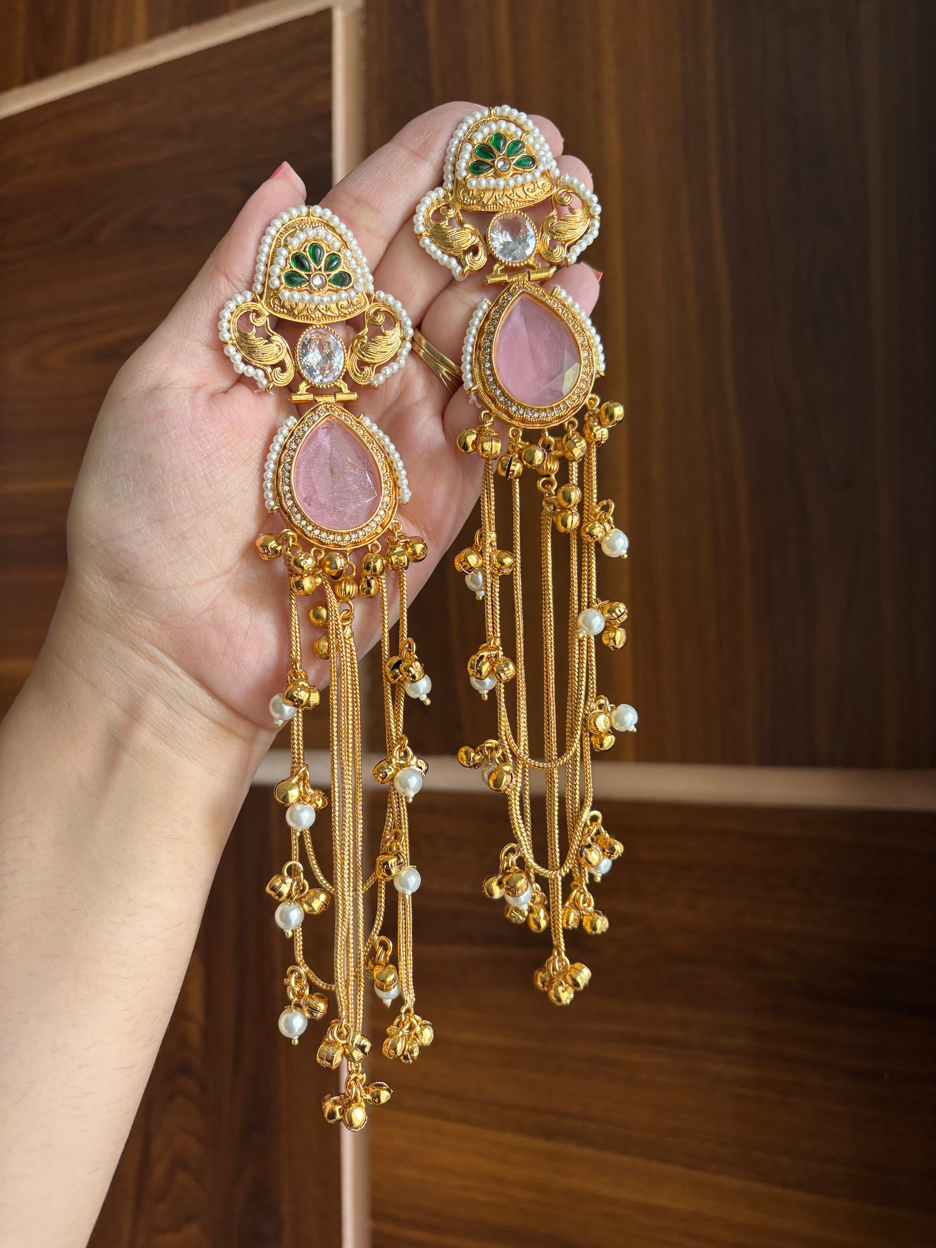 Yamini Long Kashmiri Earrings (Baby Pink)