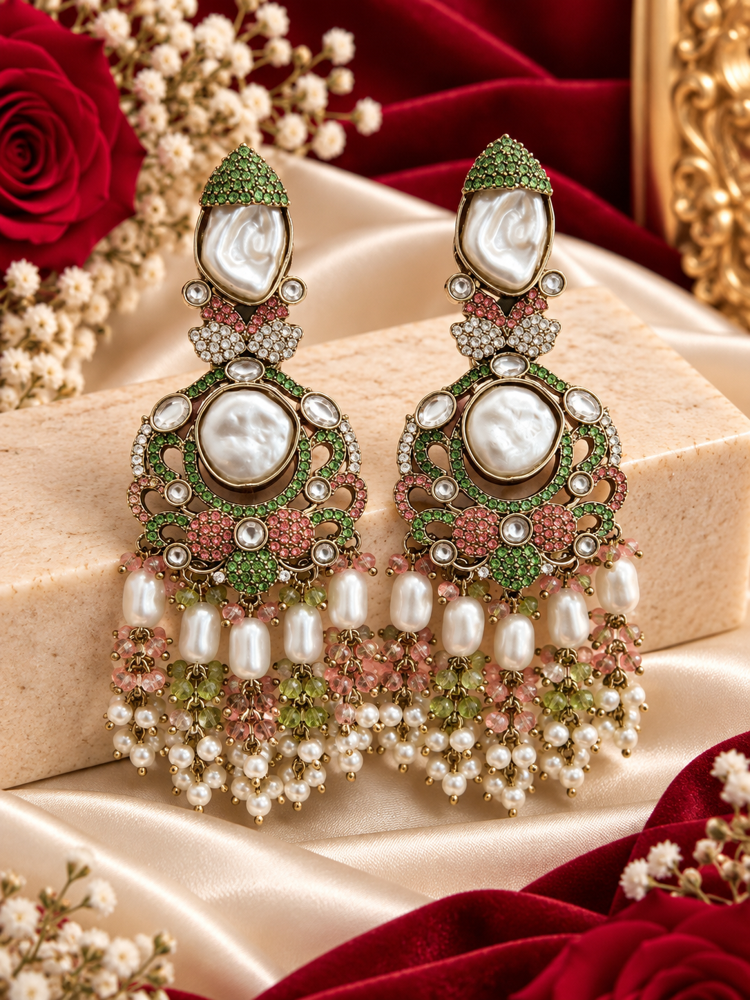 Mehboob Turkish Long Earrings (Pink/Mint Mix)