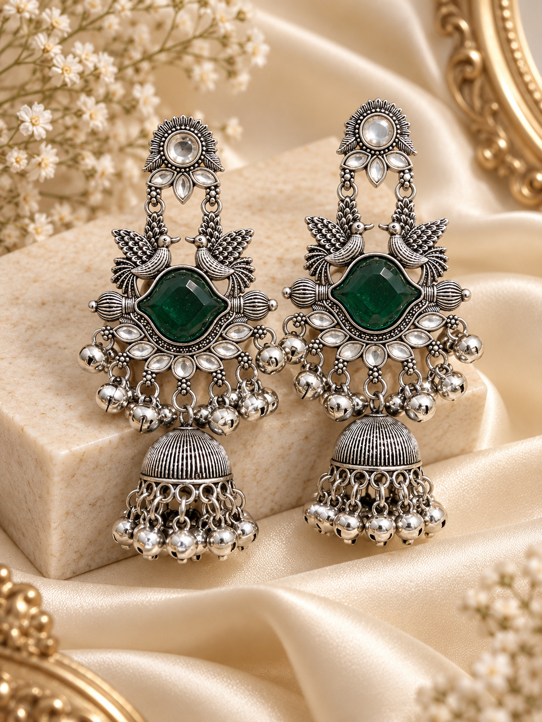 Saloni Silver Jhumkas (Green)
