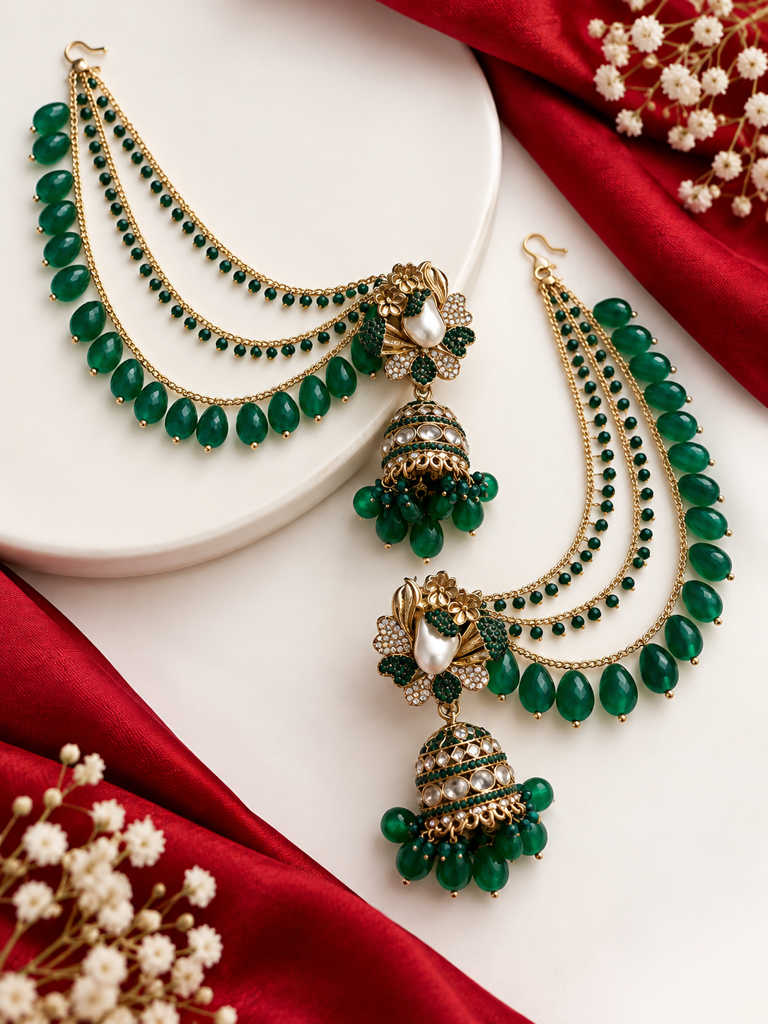 Heena Turkish Jhumkas With Detachable Earchain (Green)