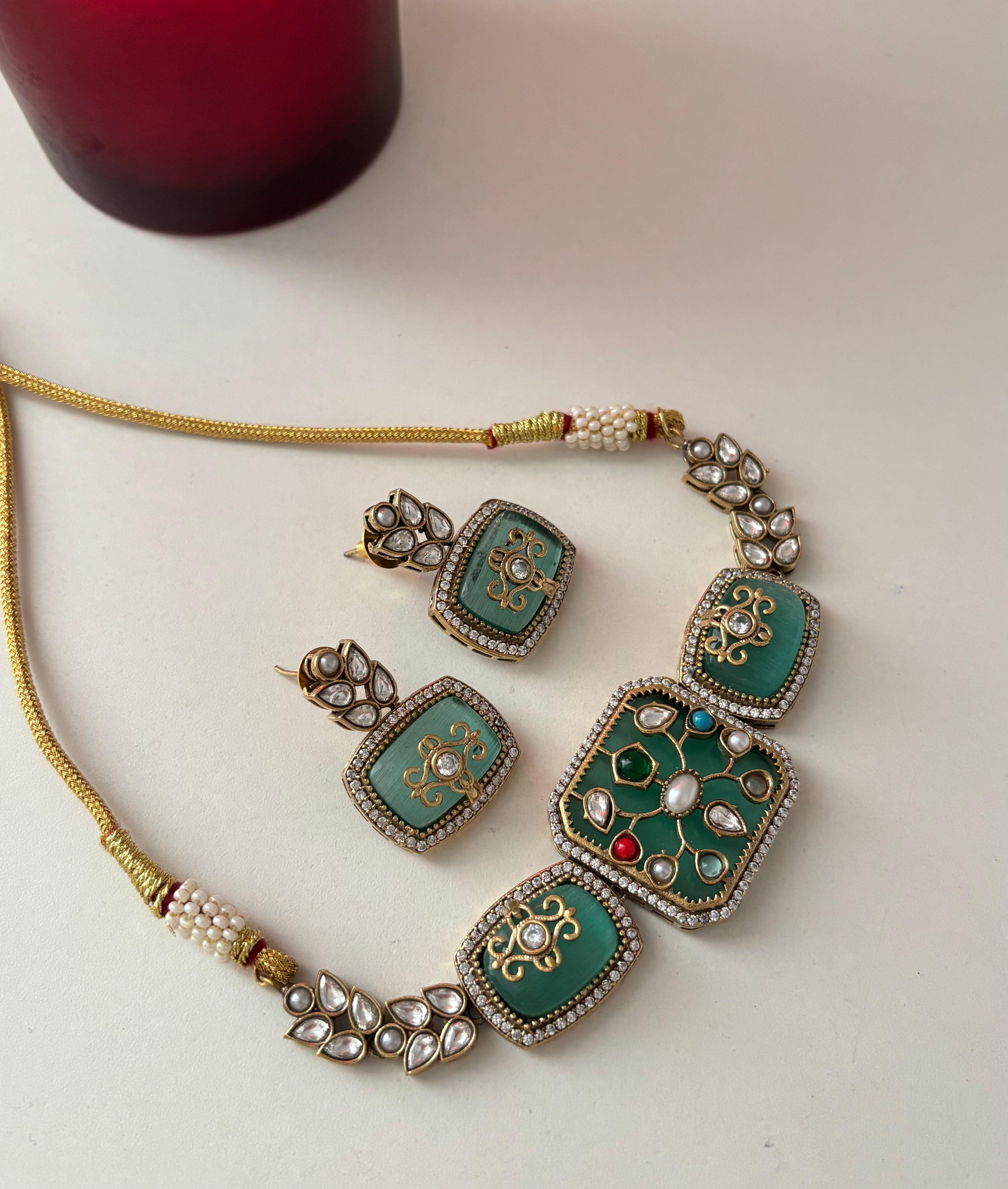 Ruhi Premium Moissanite Stone Work Choker Set With Earrings (Turquoise)